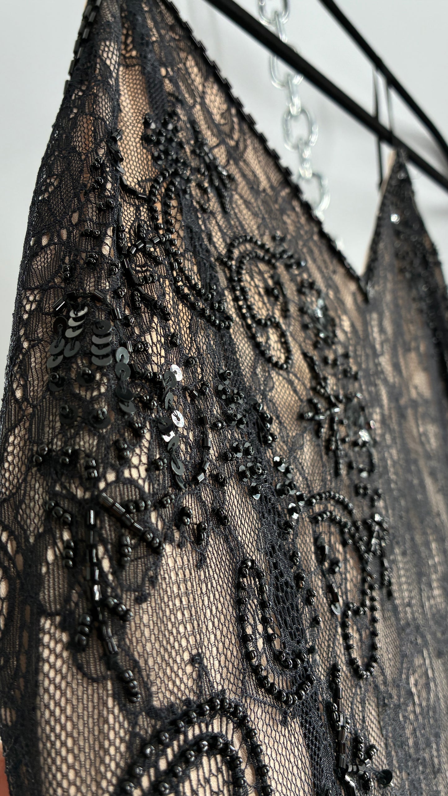 Vintage Haute Hippie Black Lace Nude Underlay Dress with Pointed Heavily Beaded Fringe Hem (2)