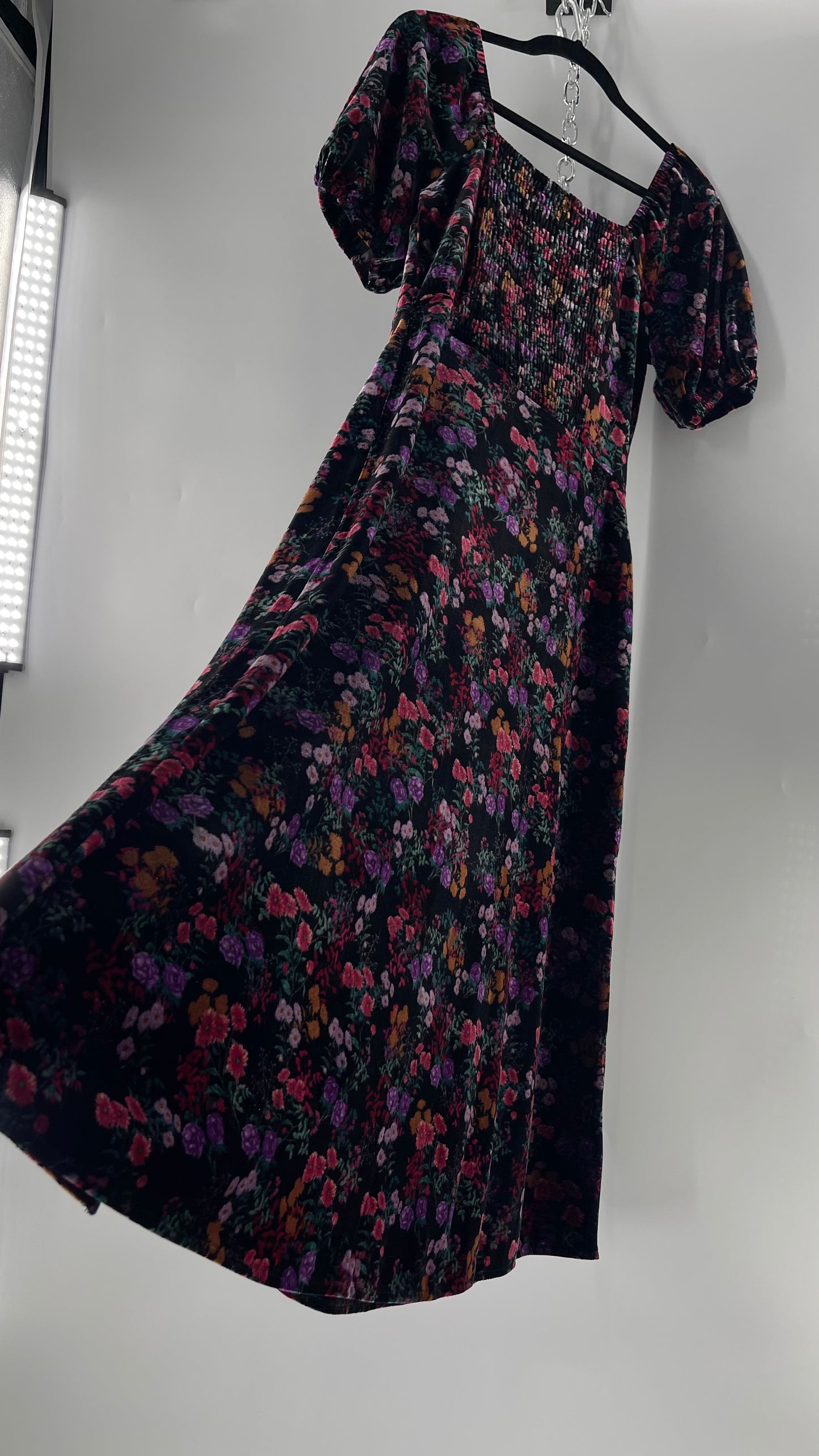 LOFT Velvet Dark Floral Full Length Dress with Puff Sleeves and Smocked Back with Tags Attached (8)