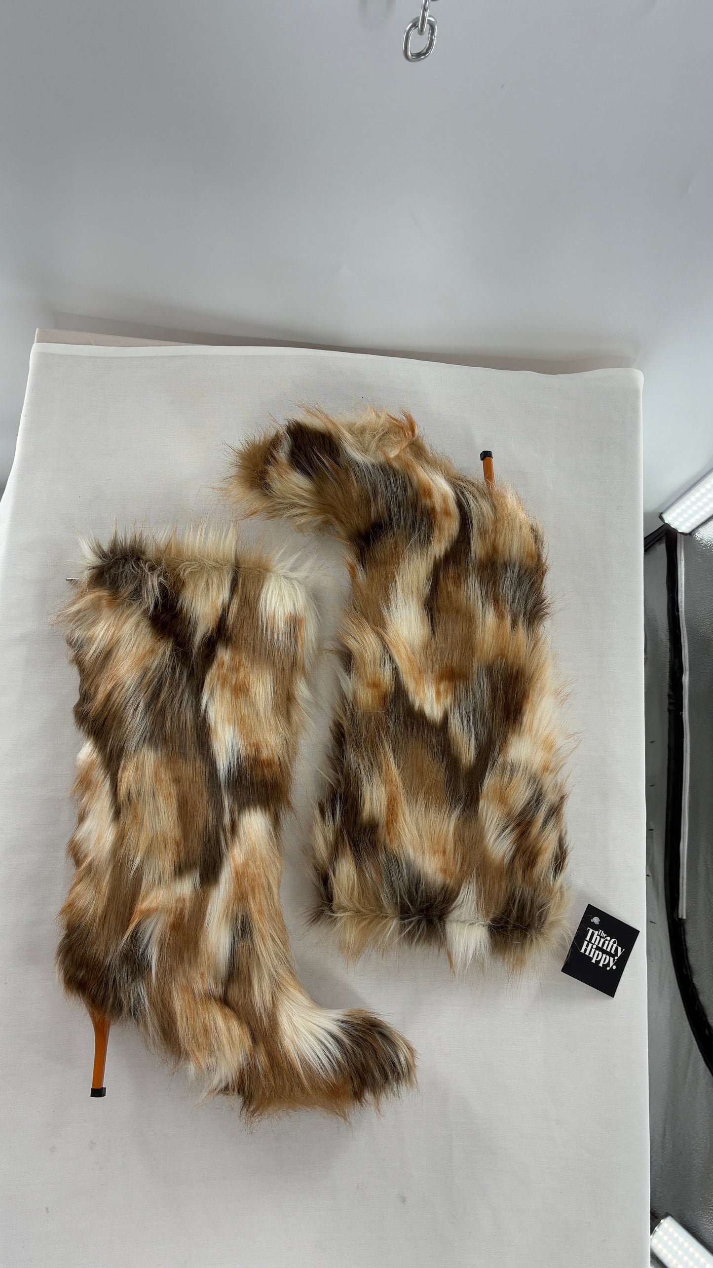 Vintage Mixed Tone Vegan Fur, Knee High, Pointed Toe Boots (43)