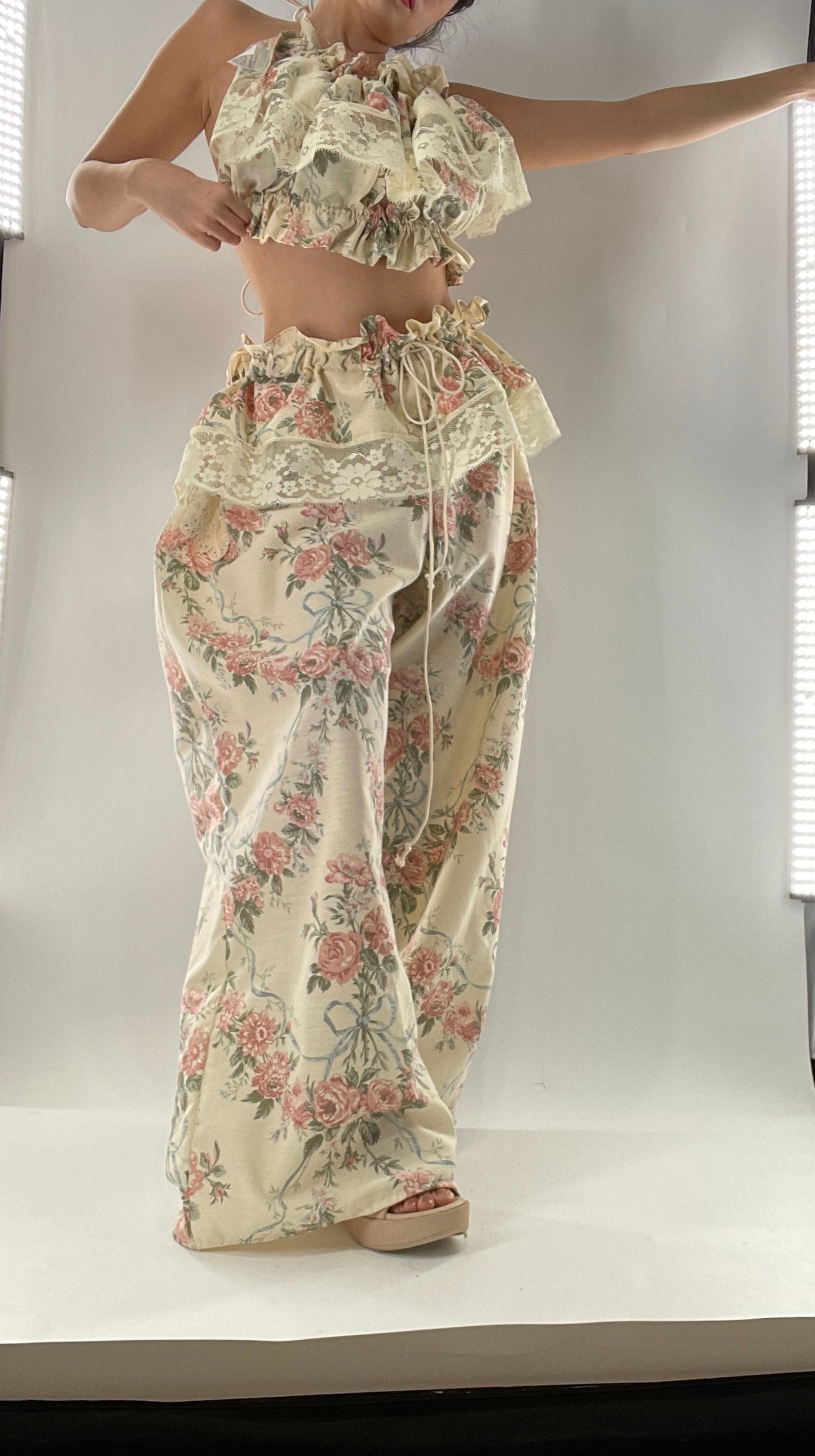 Vintage Set Covered in Delicate Dainty Florals, Bows and Lace (One Size, Adjustable)
