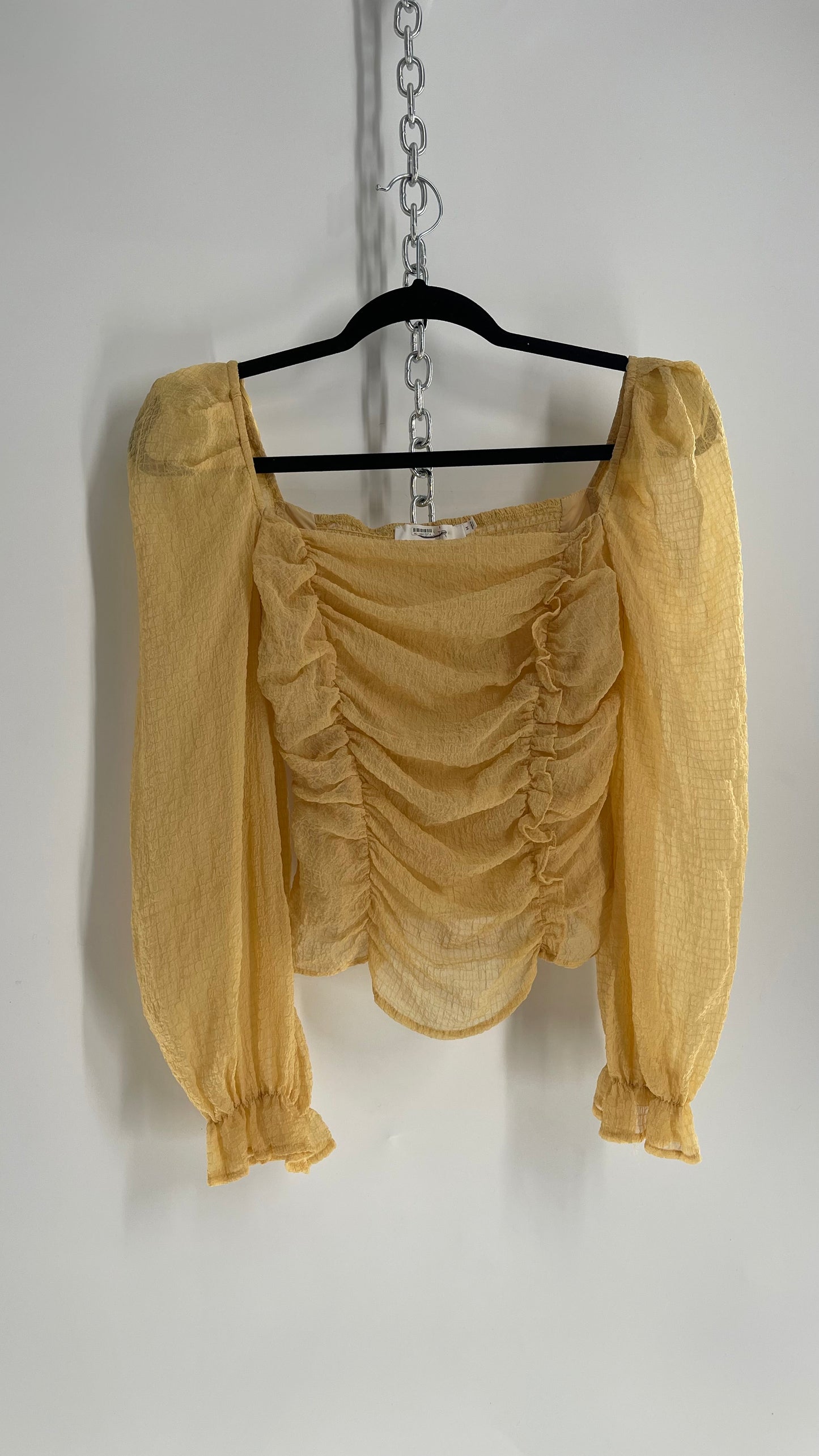 ASTR the Label Yellow Bubble Sleeve Ruched Bodice Blouse (Medium)
