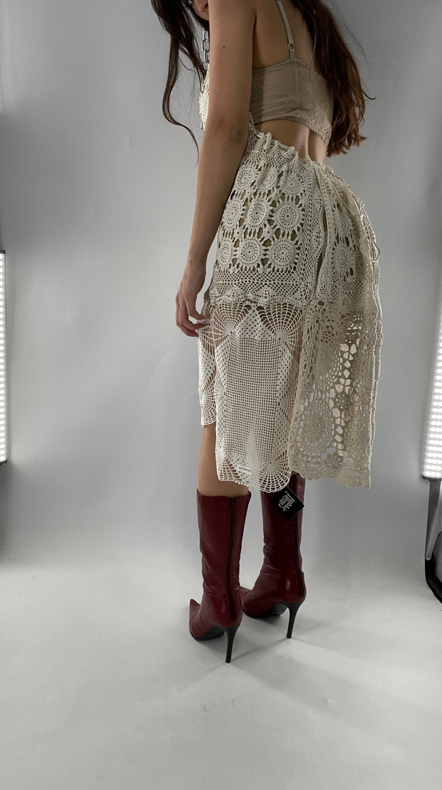 Vintage Handmade Crochet Cottage Adjustable Dress with Open, Low Back (One Size)