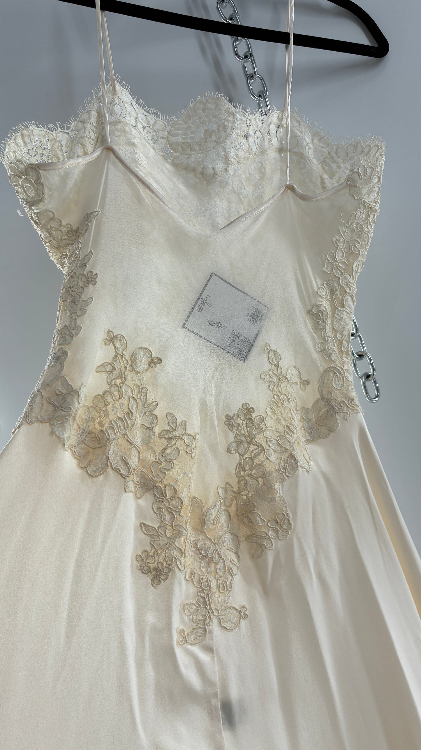 Vintage JONQUIL 100% Silk Gown with Heavy Lace Appliqués and Low Cut Sheer Back (Medium)