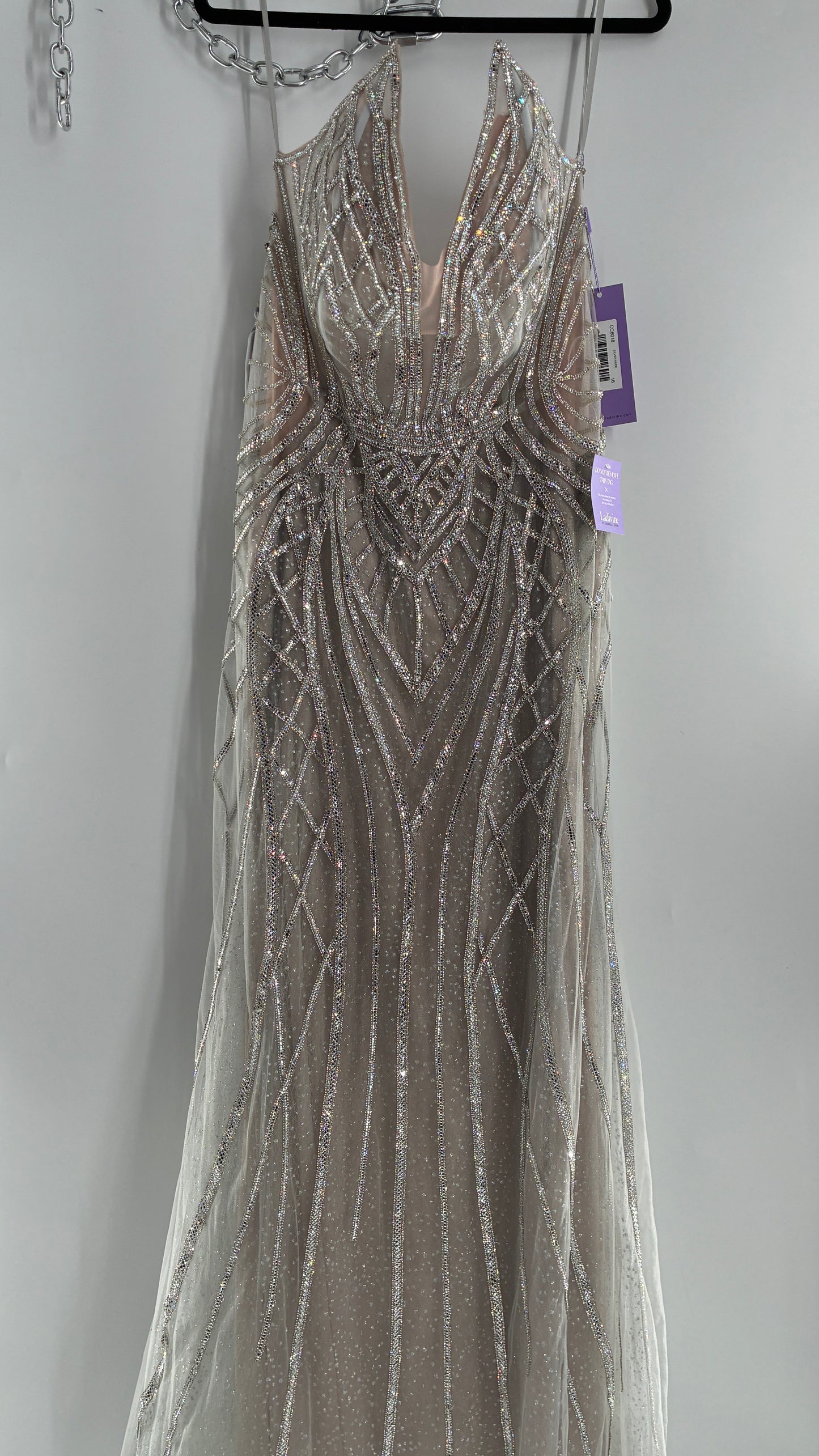 NWT LADIVINE by Cinderella Divine Silver Nude CC6018 Mermaid Corseted Gown with Multiple Layers of Tulle, Covered in Crystal Strips (16)