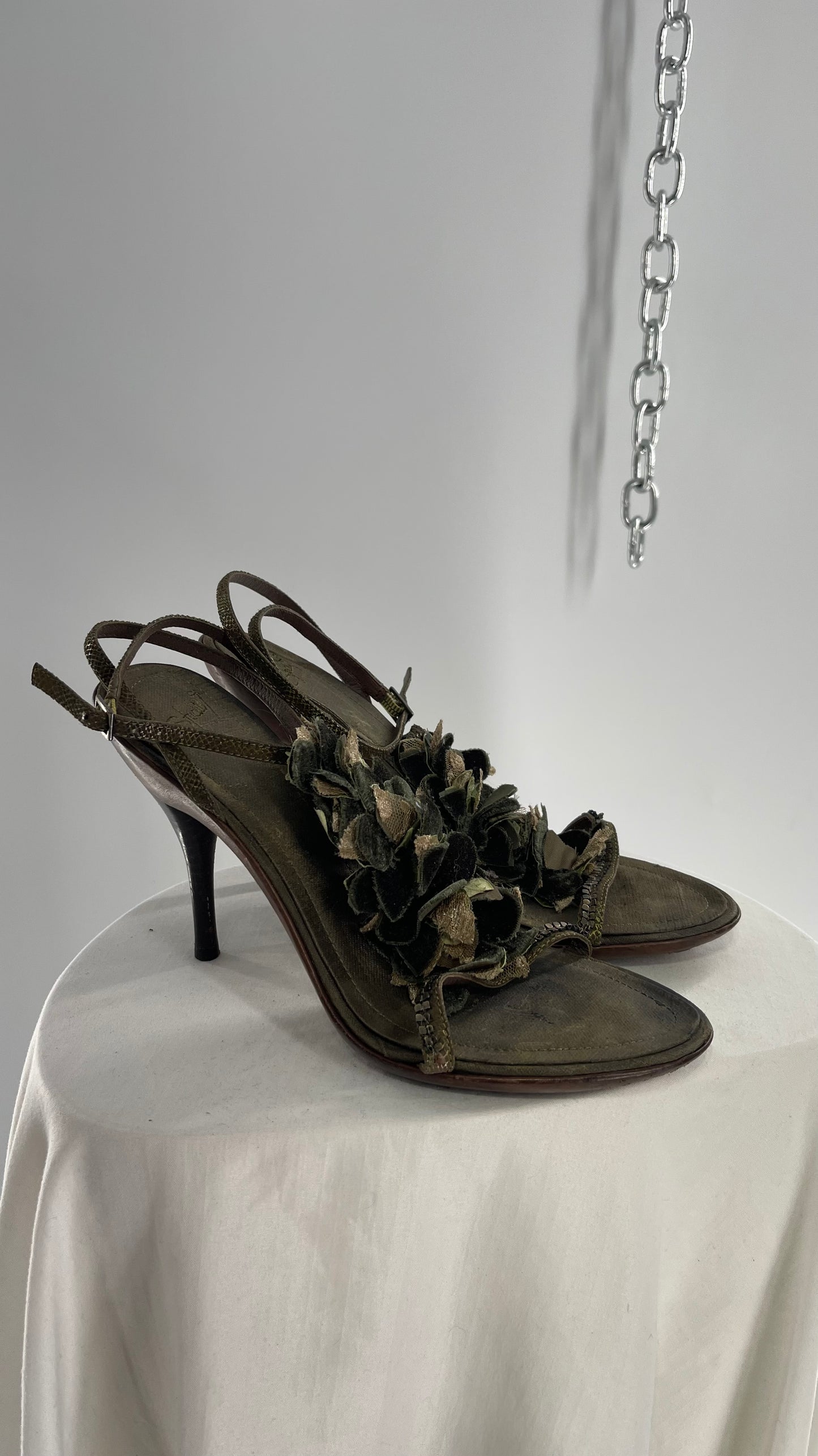 Vintage 1990s Italian Studio Designer Heel Forest Nymph, Mixed Texture Rosette Detailing with Leather Straps and Sole (8.5)