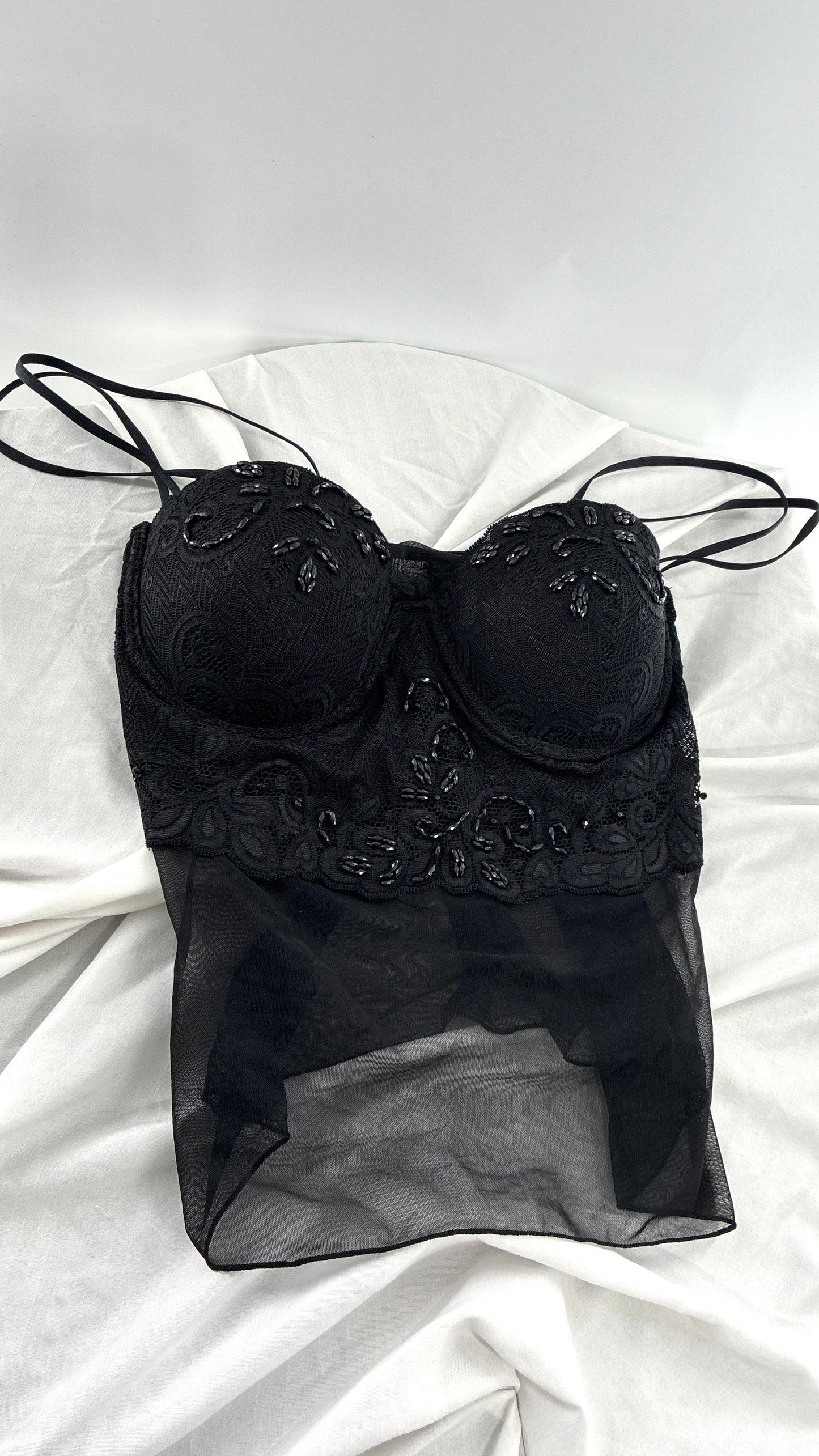 Vintage LA FRESCA Black Lace Bustier Babydoll with Mesh Bodice and Beaded Cups/Band (Large)