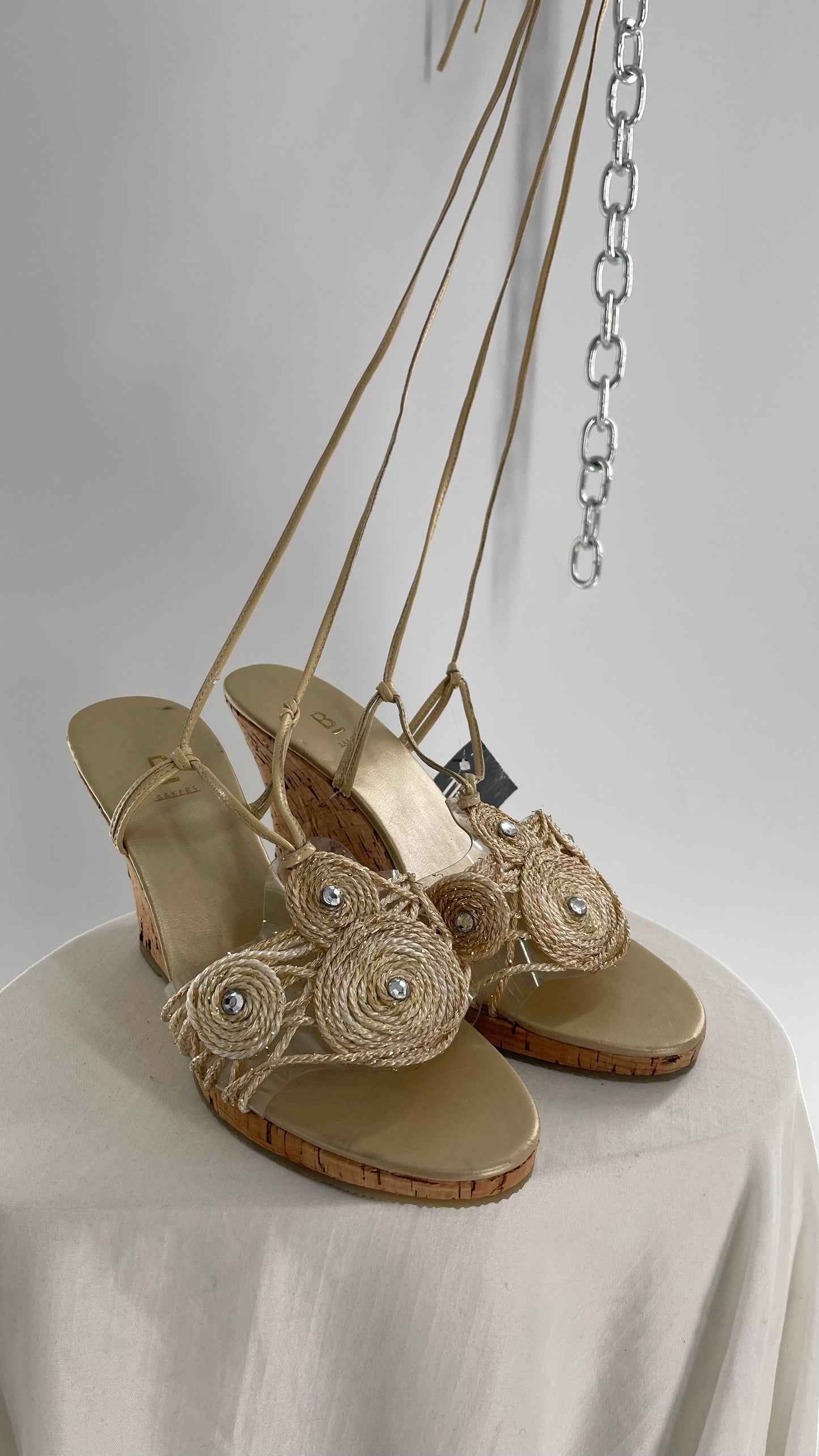 Vintage Bakers Cork Wedge Strappy Neutral Bedazzled Heel (8)