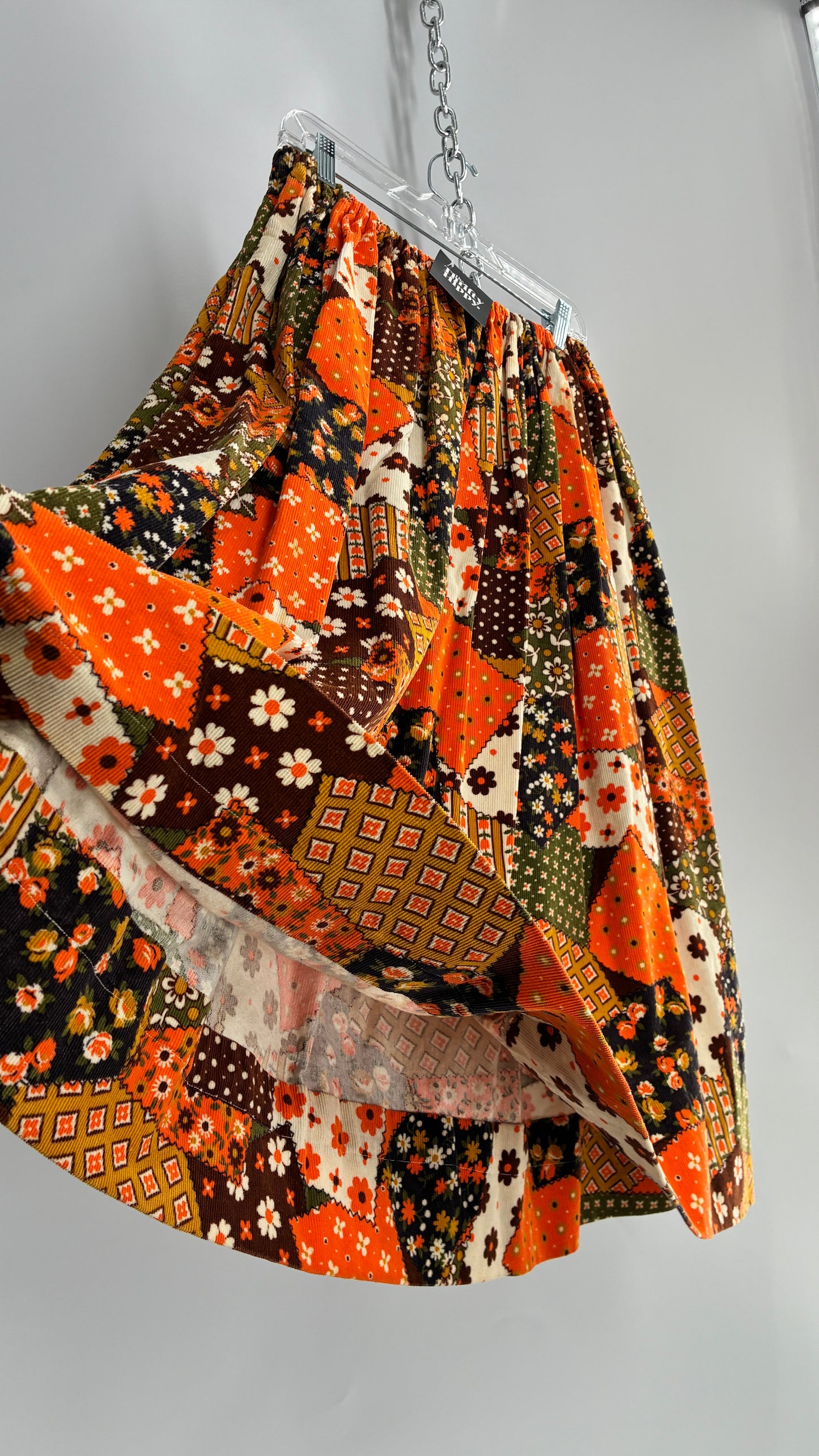 Vintage 1970s Handmade Corduroy Patchwork Patterned Full Skirt (S/M)
