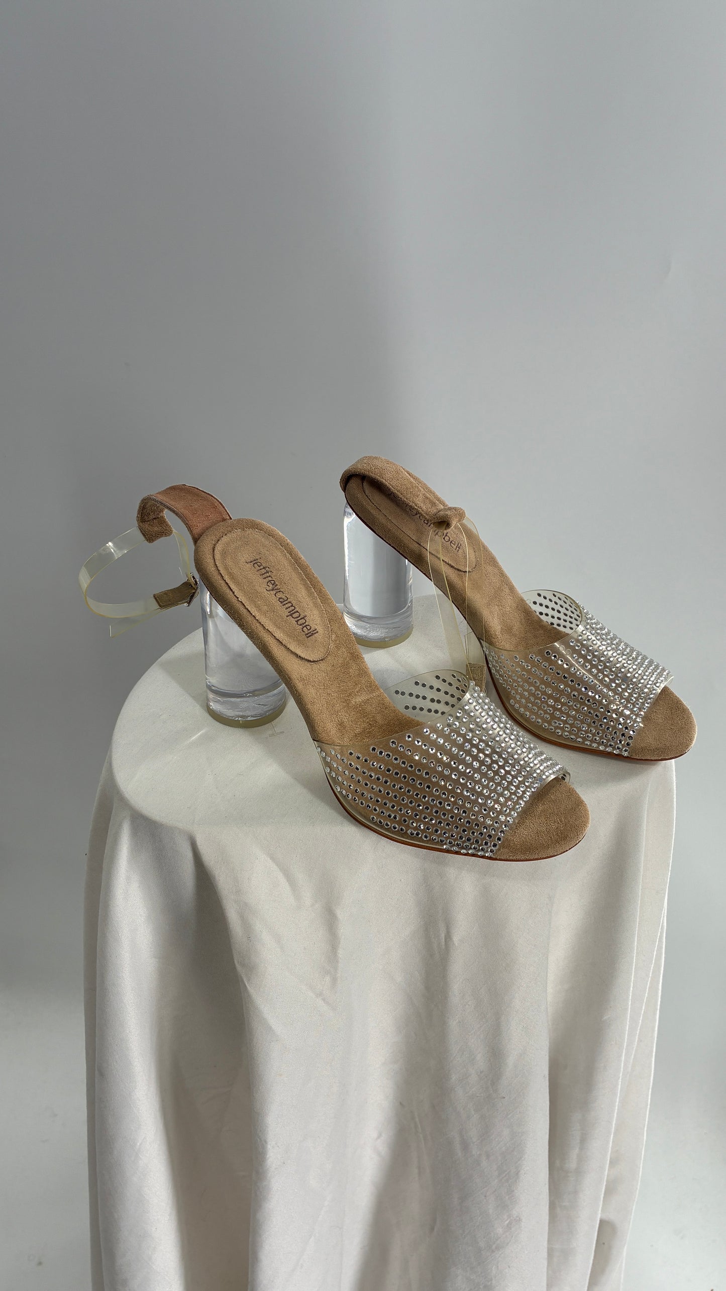 JEFFREY CAMPBELL Lucite Heel Suede Sole, Clear Strap Rhinestone Heel (8)