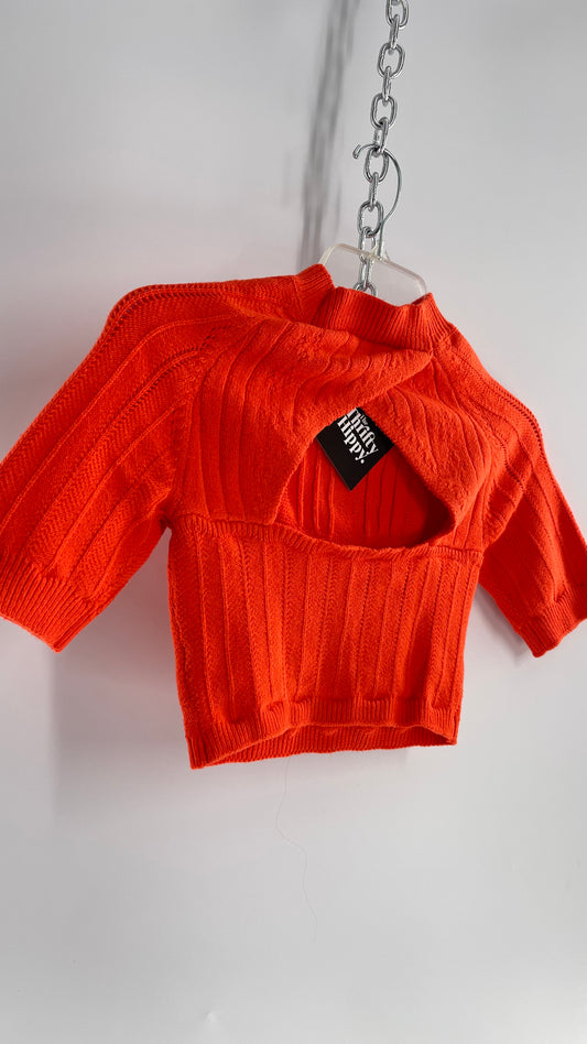 Free People Orange Knit Mock Neck Sweater with Keyhole Open Back (Small)