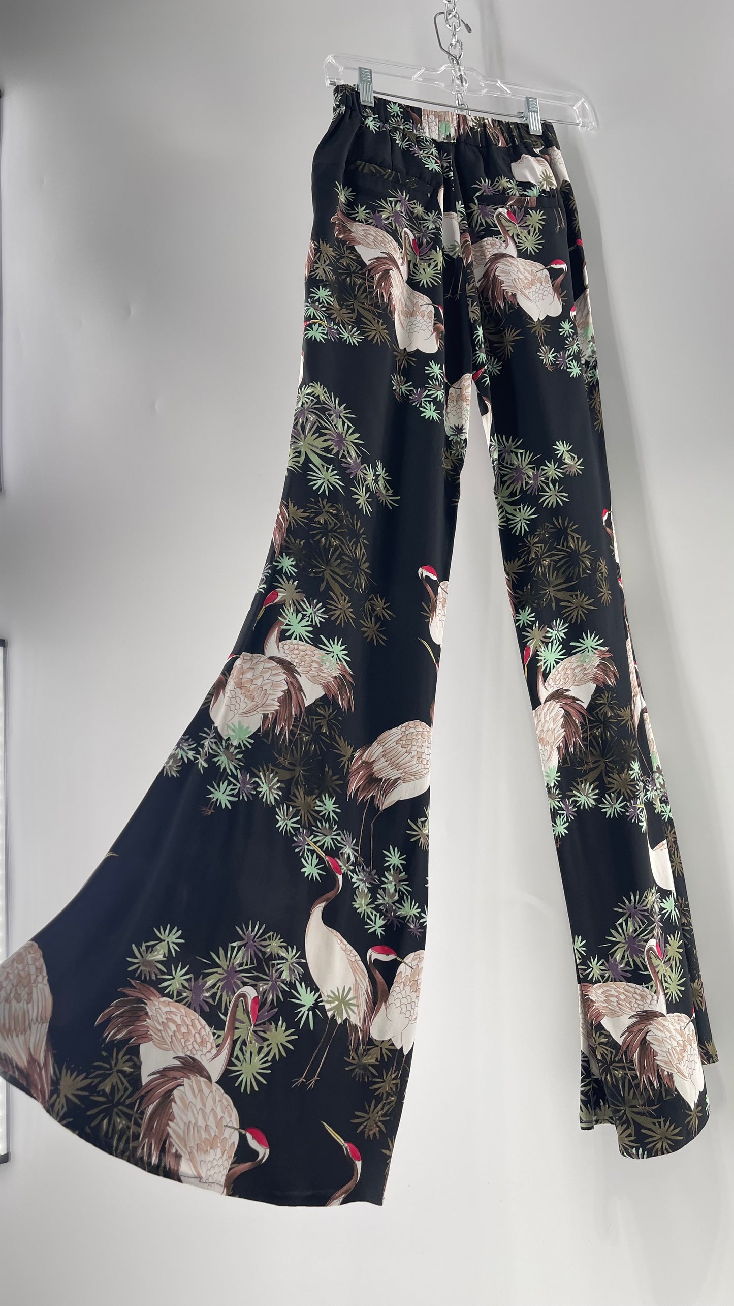 Zara Black Crane Printed Graphic Pocketed Flare Trousers (XS)