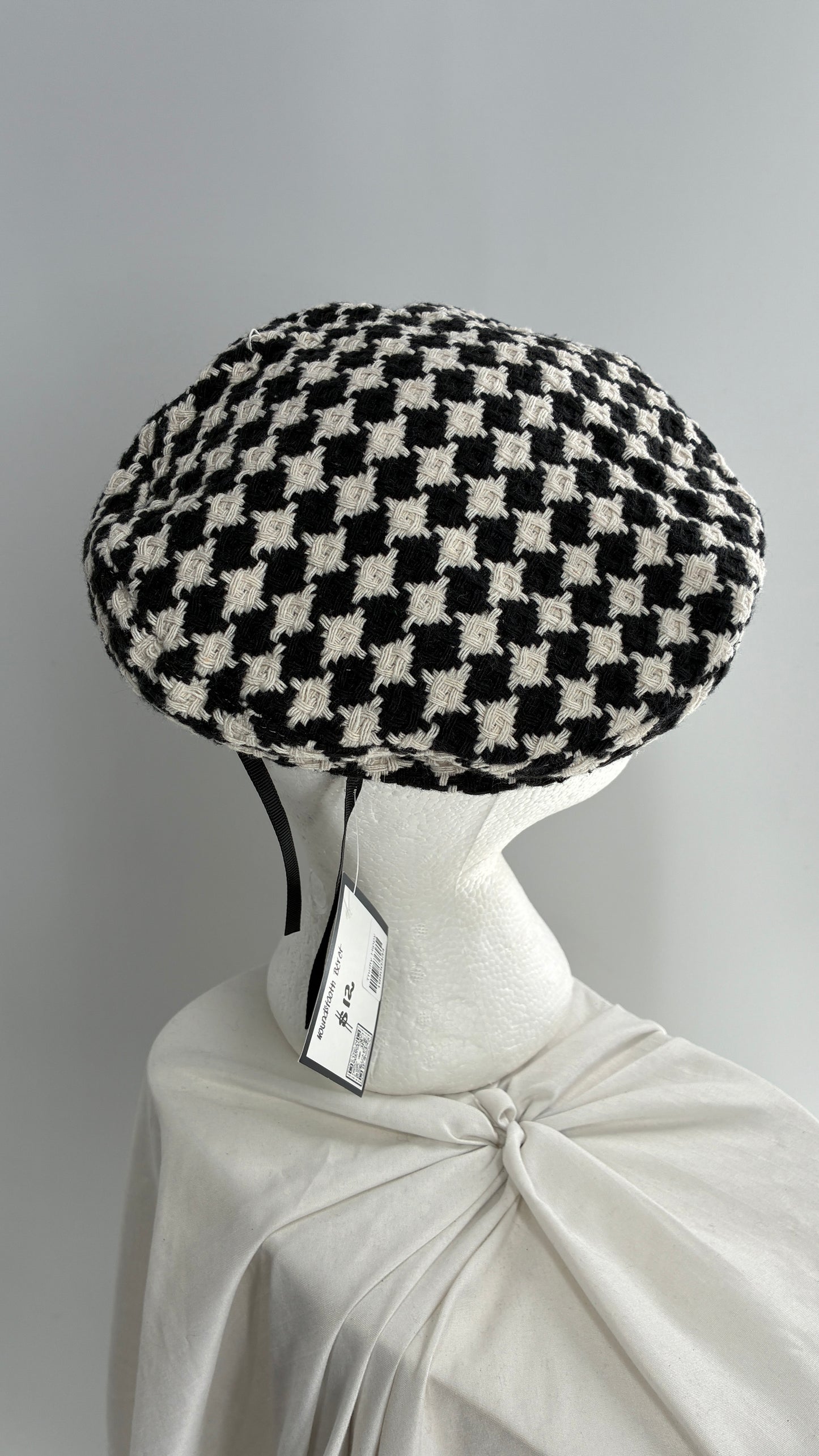 Black and White Knit Houndstooth Beret with Vegan Leather Band