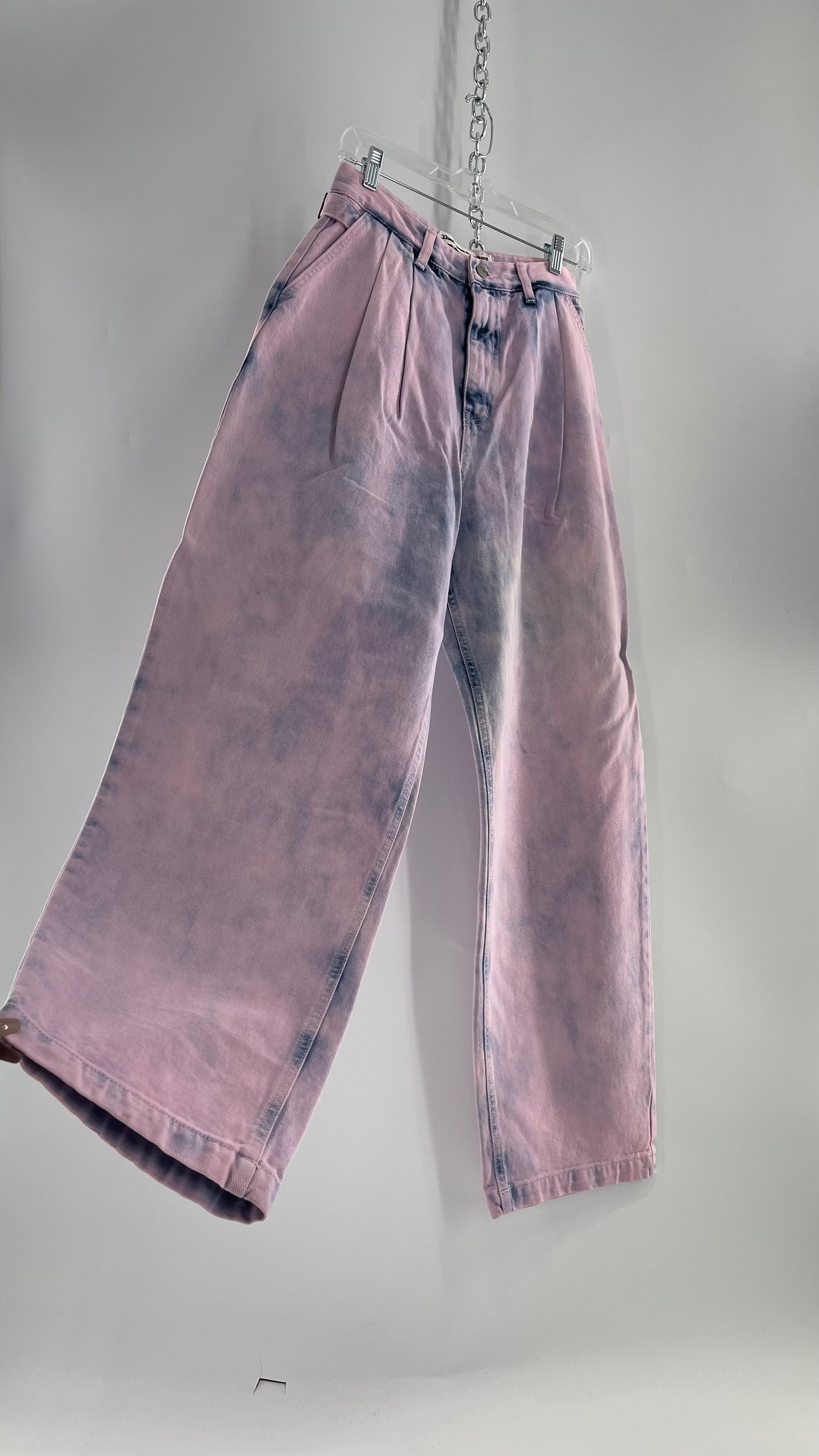 The Open Product Pink/Blue Acid Wash Jeans with Waist Pulls and Pleats (1)