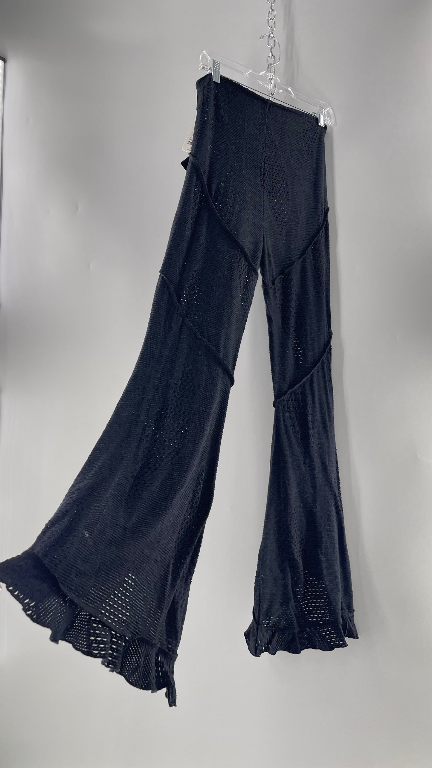 Free People Black Midnight Grey Mixed Pattern Kickflares with High Low Hem, Exposed Seams and Distressing Tags Attached (Medium)