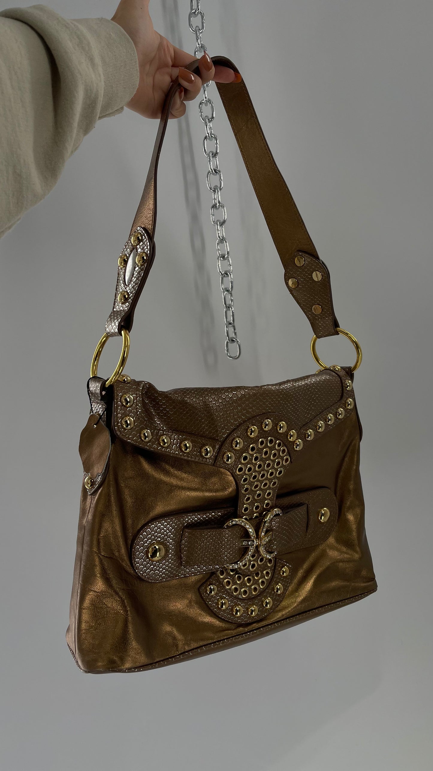 Deadstock Vintage The Find Grandeur Bronze Bag with Grommets, Gemstones, Studs and Exaggerated Buckle