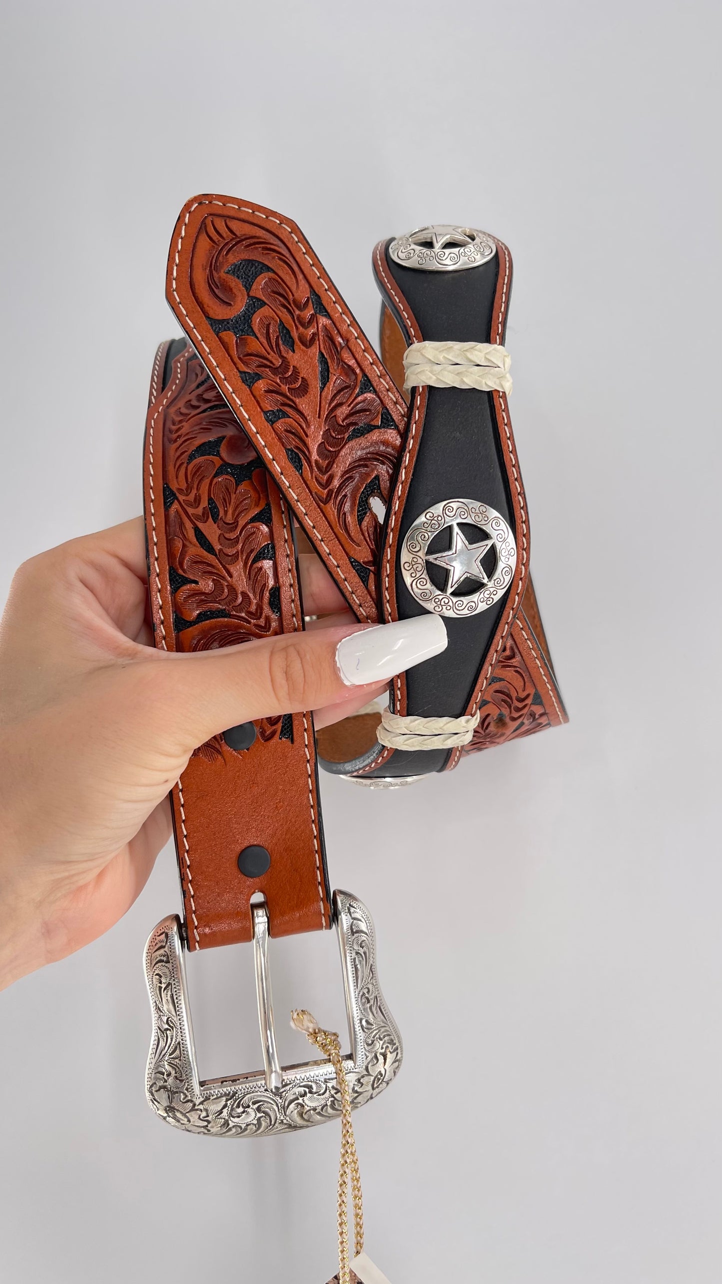 Vintage Ranger Belt Company Genuine Handtooled Leather Metal Stars Embellishments (36)
