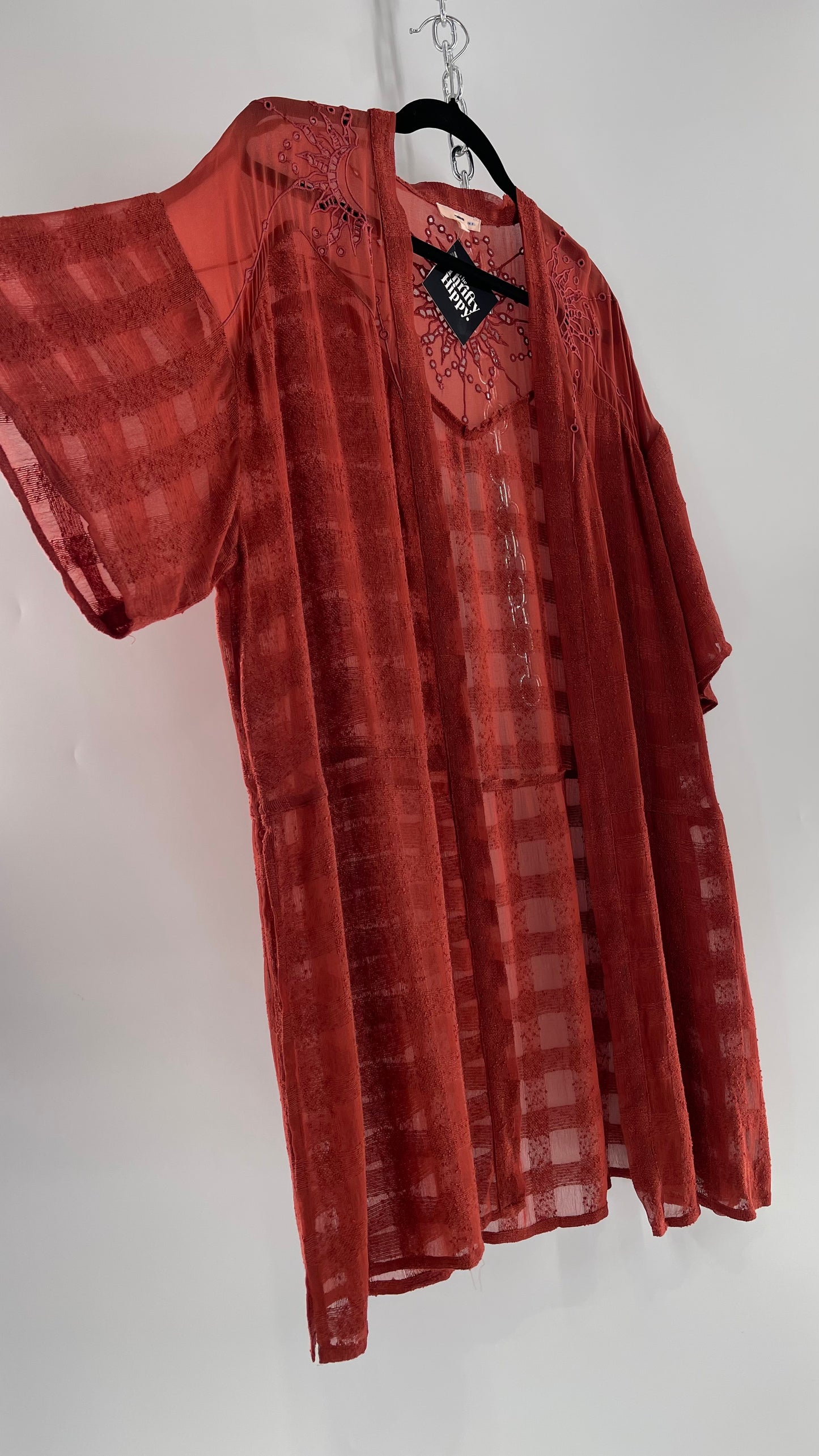 NFO Anthropologie Burnt Orange Cape With Embroidered Solstice Sun and Crescent Moon Designs (One Size)