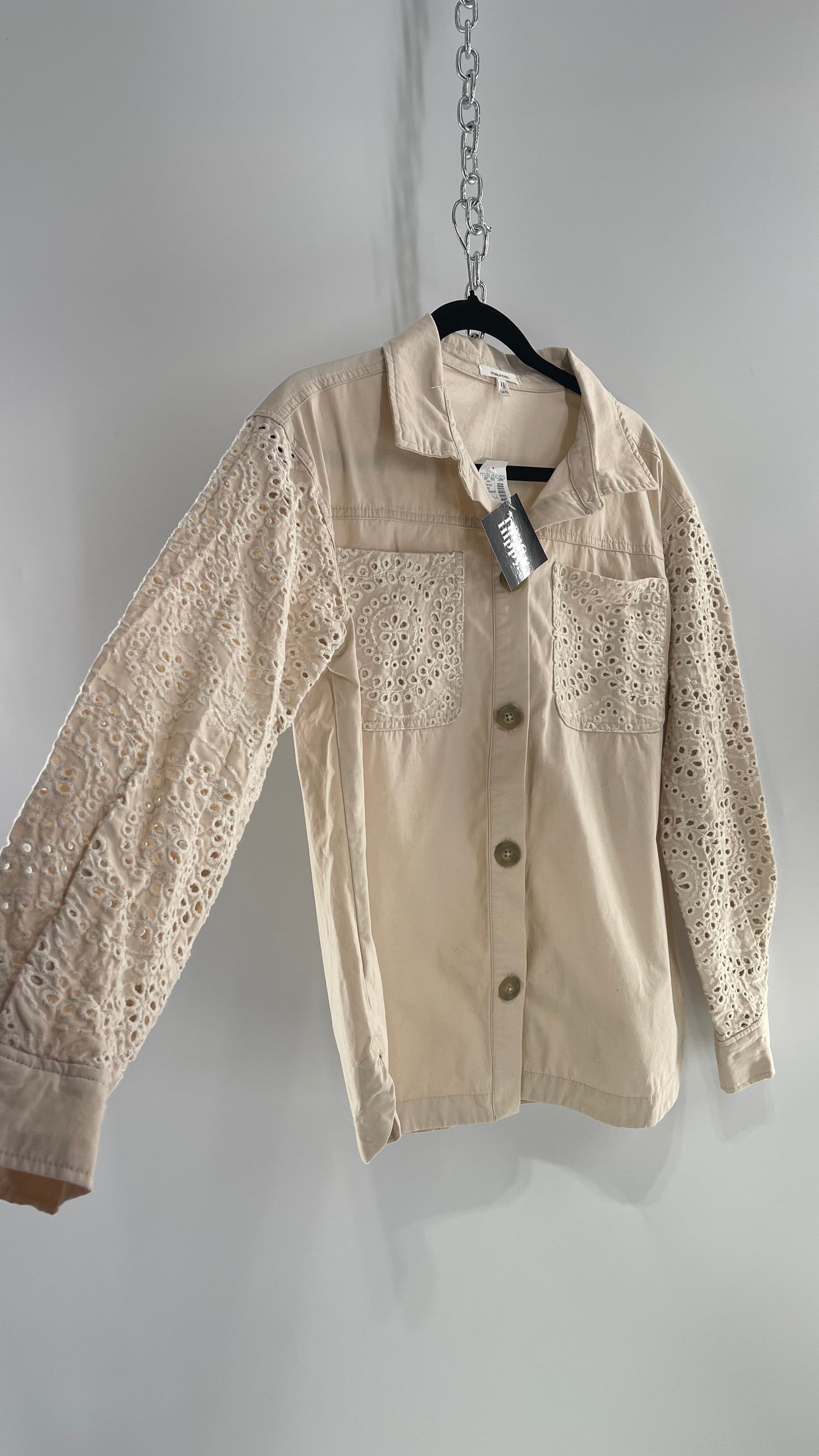 Maurices Anthropologie Beige Cotton Button Up with Eyelet Lace Sleeves and Pockets with Tags Attached (XS)