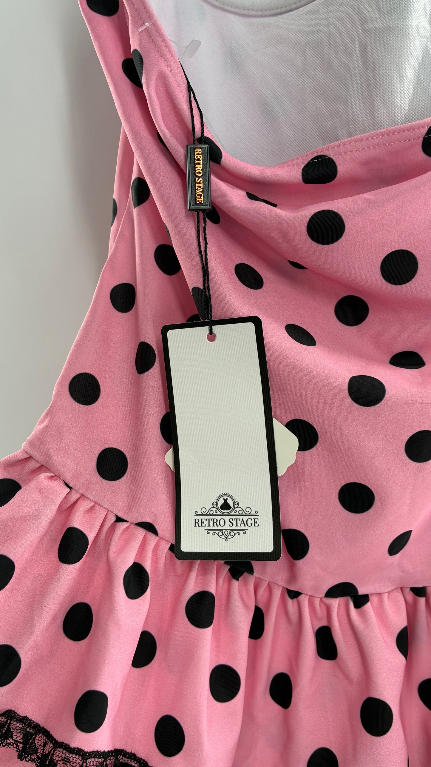 Vintage Retro Style Pink Polka Dotted Swim Dress with Ruffled Skirt and Underwire Bust (XL)