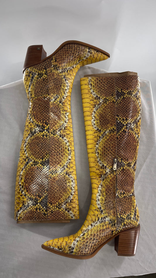 Sam Edelman Yellow Snakeskin Patterned Pointed Toe Knee High Boots (7)