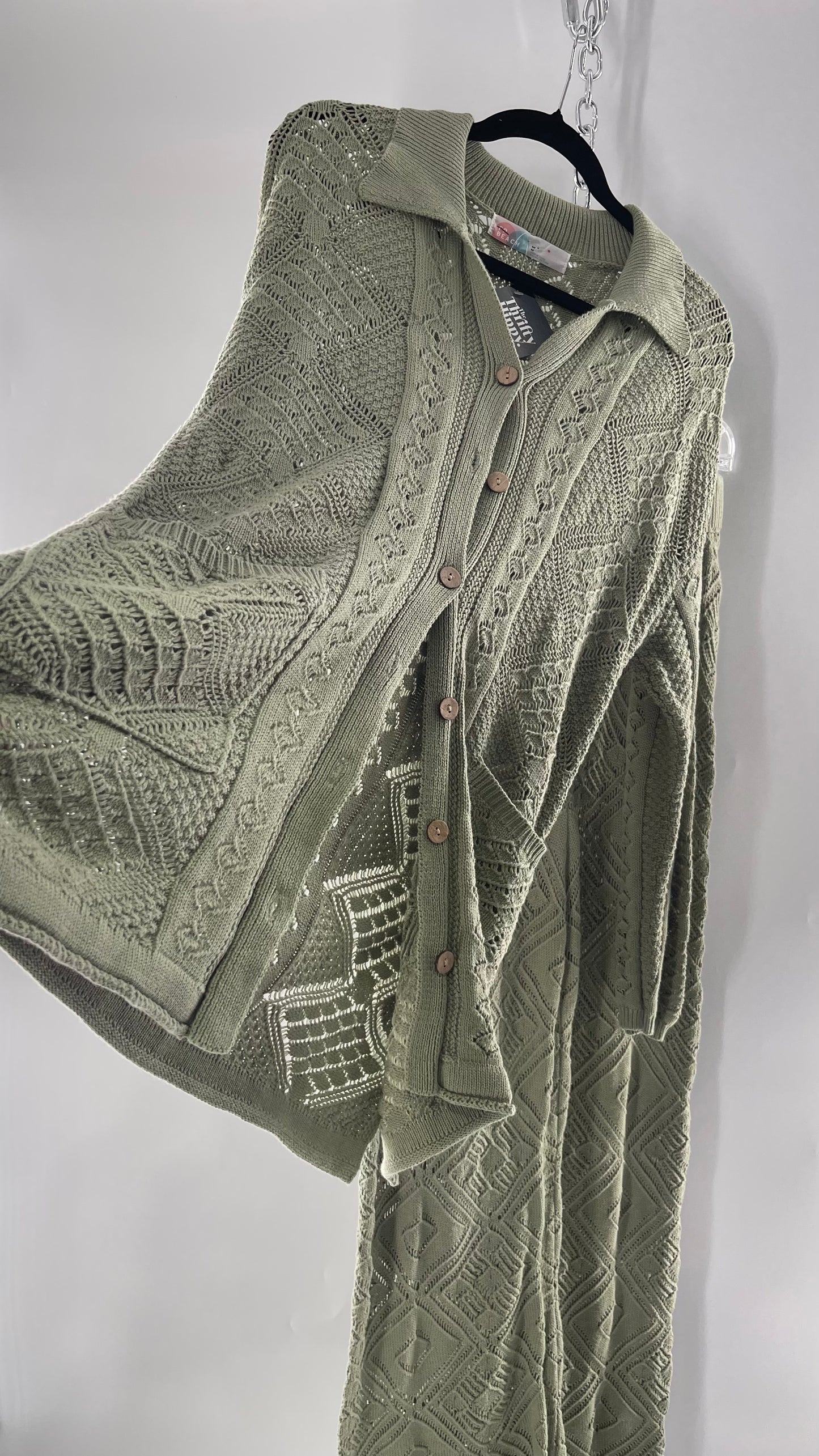 Free People Beach Sage Green Crochet Wooden Button Front Cardigan and Wide Leg Set (Medium)