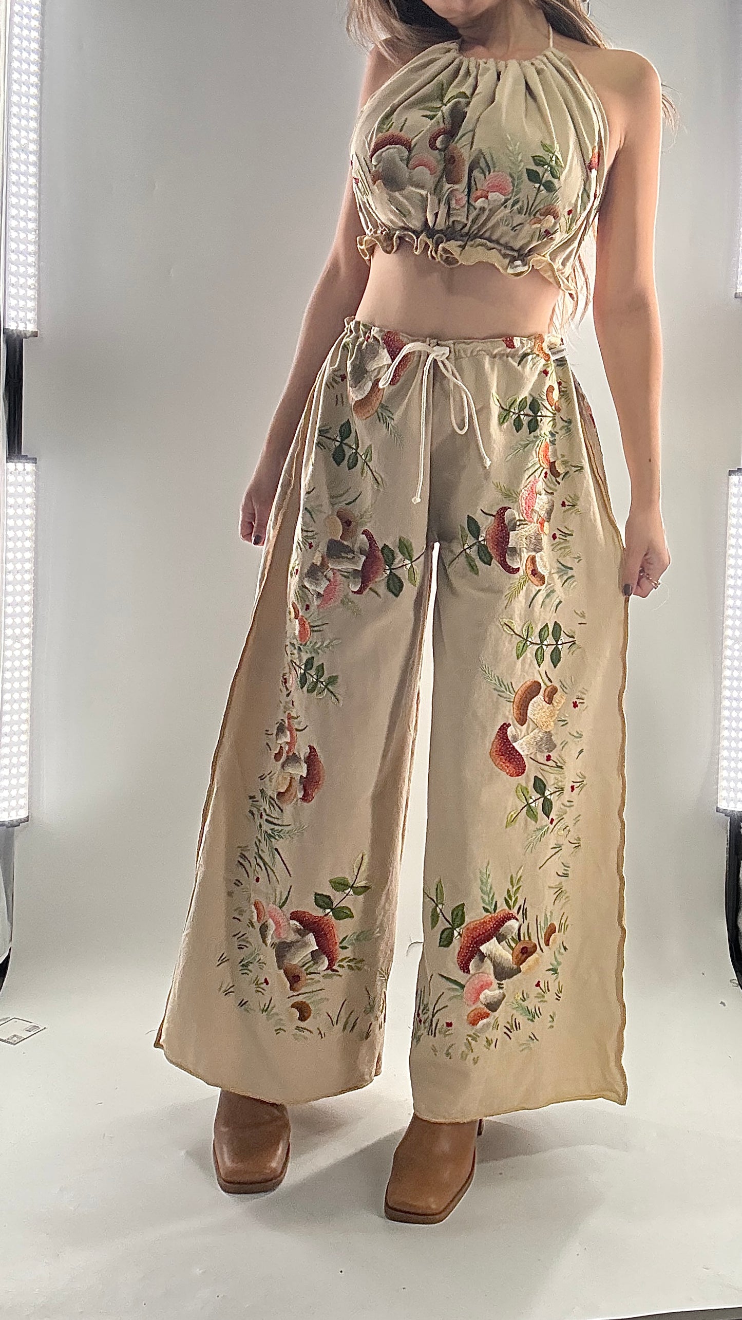 Vintage Custom Handmade and Hand Embroidered Two Piece Set with Mushrooms, Vines, and Ladybugs (XS-L)
