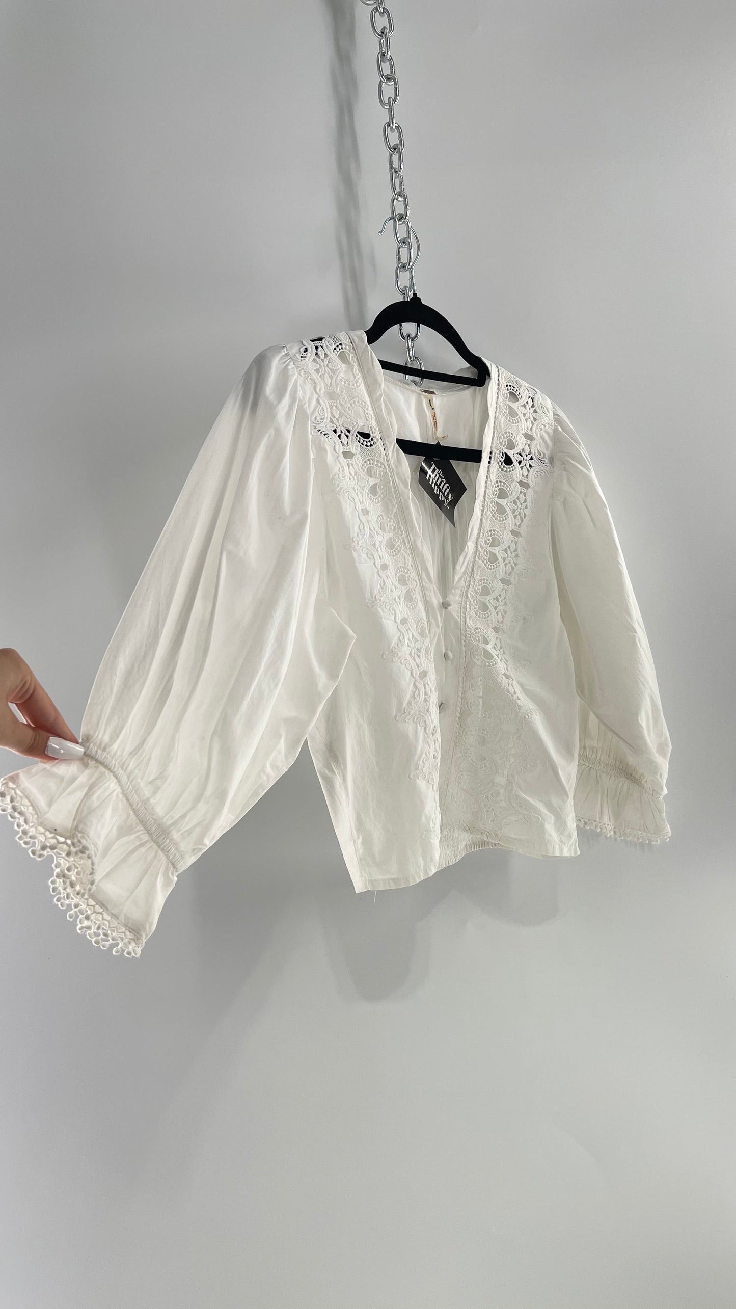 Free People White Puff Sleeve Prairie Blouse with Lace Details (Small)