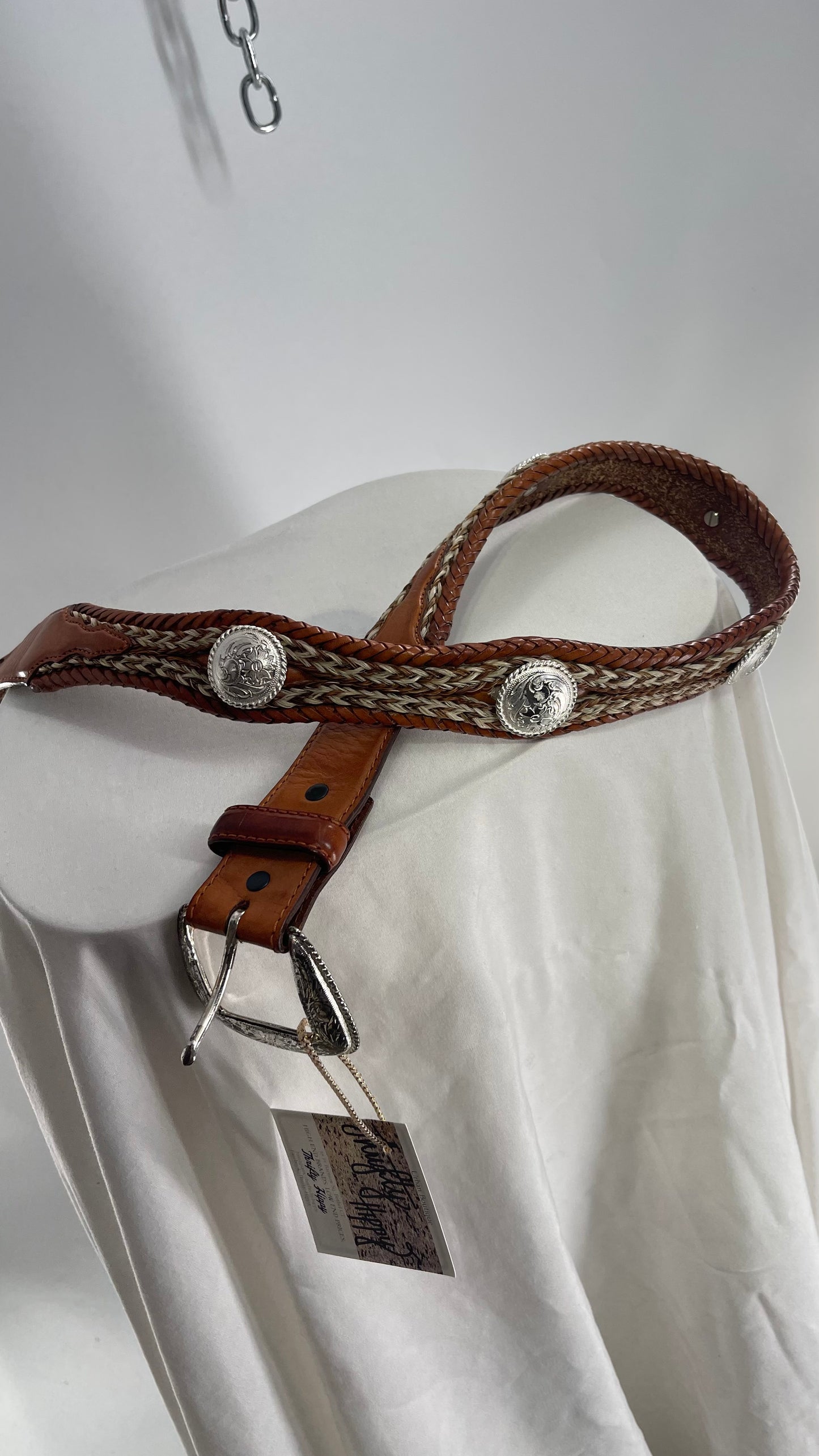 Vintage Tony Lama Genuine Leather Horse Hair Western Braided Belt With Silver Embellishments (34)