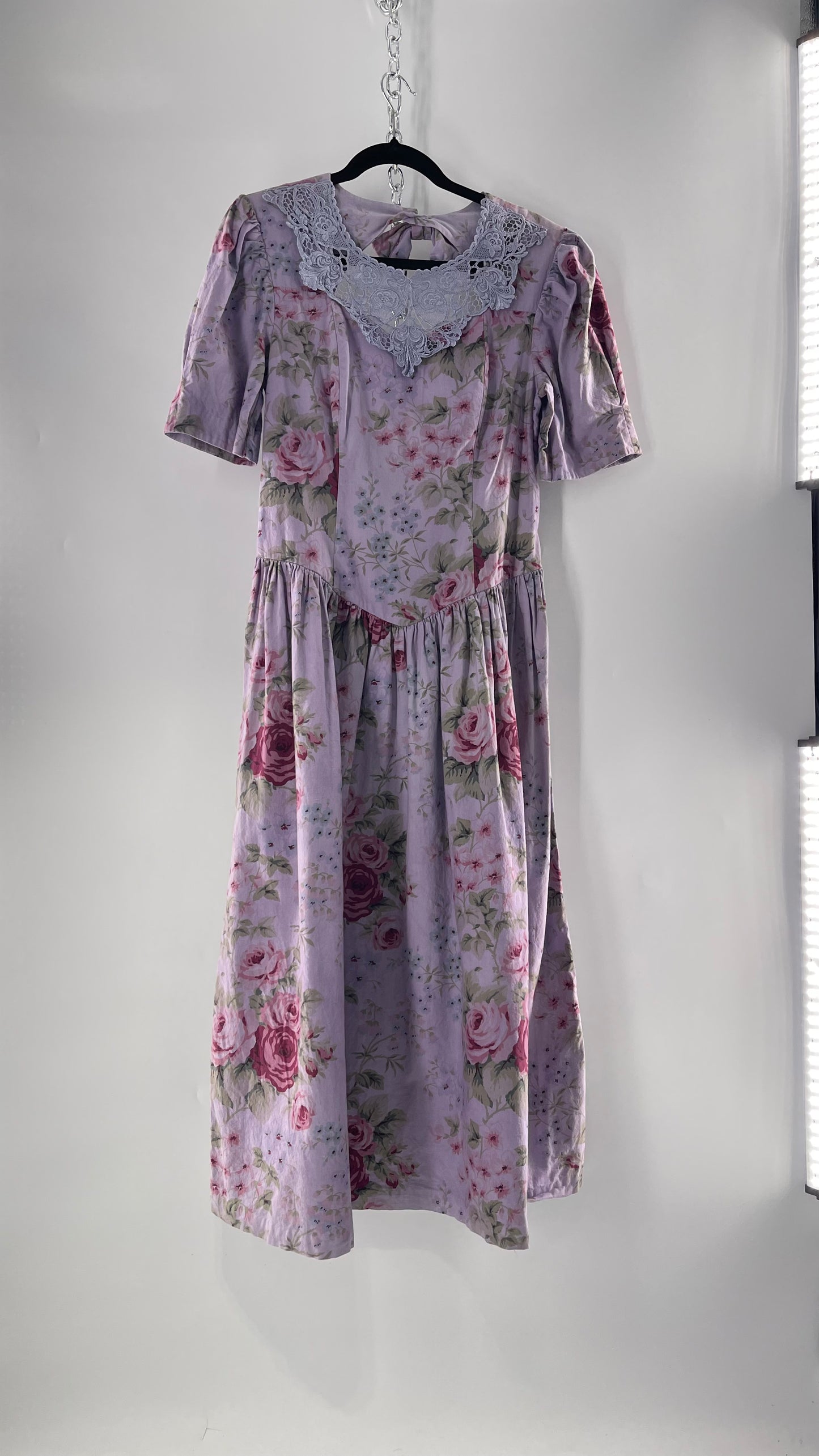 Vintage Urban Renewal Reworked and Upcycled Misty Lane Lilac/Lavender Floral Fit/Flare Dress with Sweetheart Neckline, Lace Detail and Bow Adorned Open Back (11/12)
