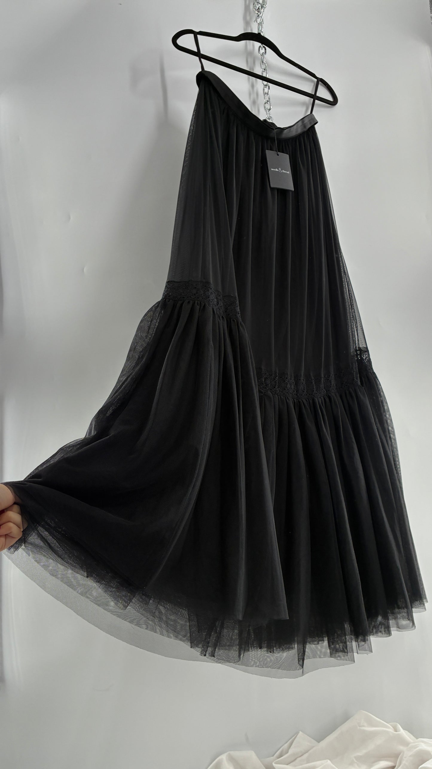 Needle & Thread Voluminous Black Multi Layer Mesh Full Length Skirt with Ribbon Waistline with Tags Attached (10)
