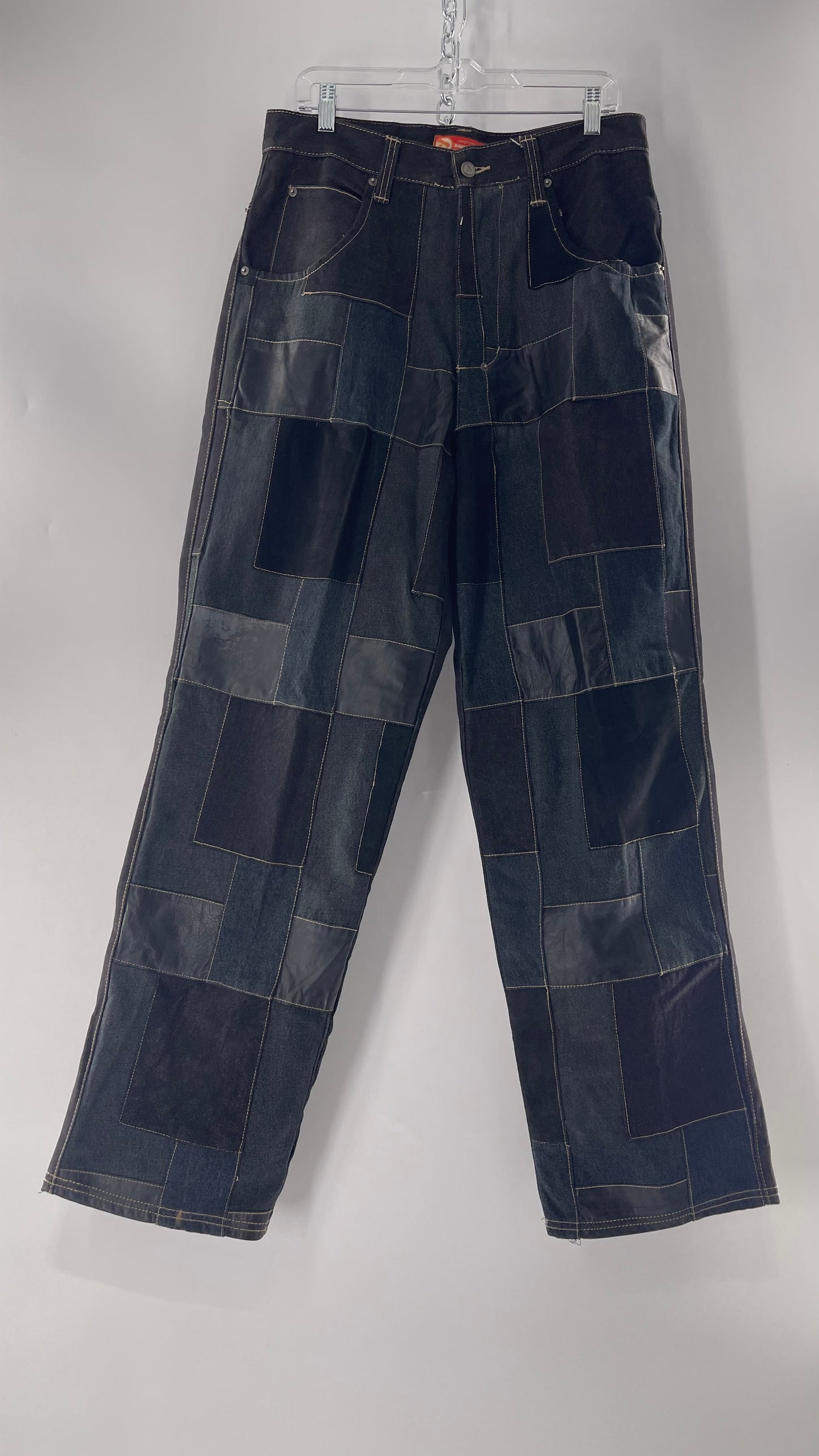 Vintage Original Davoucci Dark Wash Denim with Suede Leather Checker Patchwork Front (34x33)