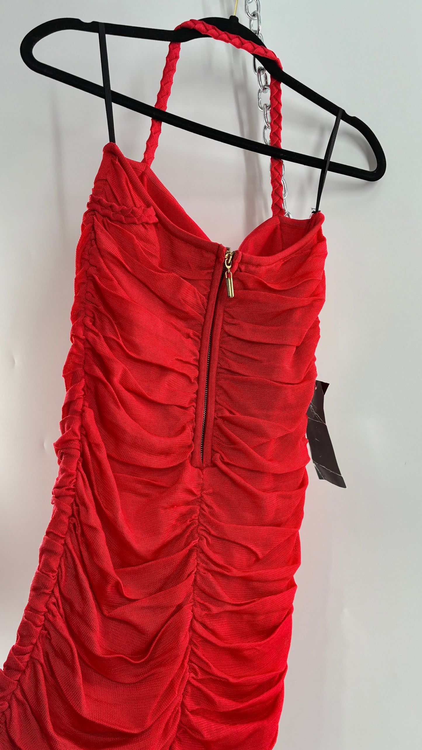 Deadstock Vintage BEBE Red Heavy/Thick Ruched and Roped Mini Dress (Medium)