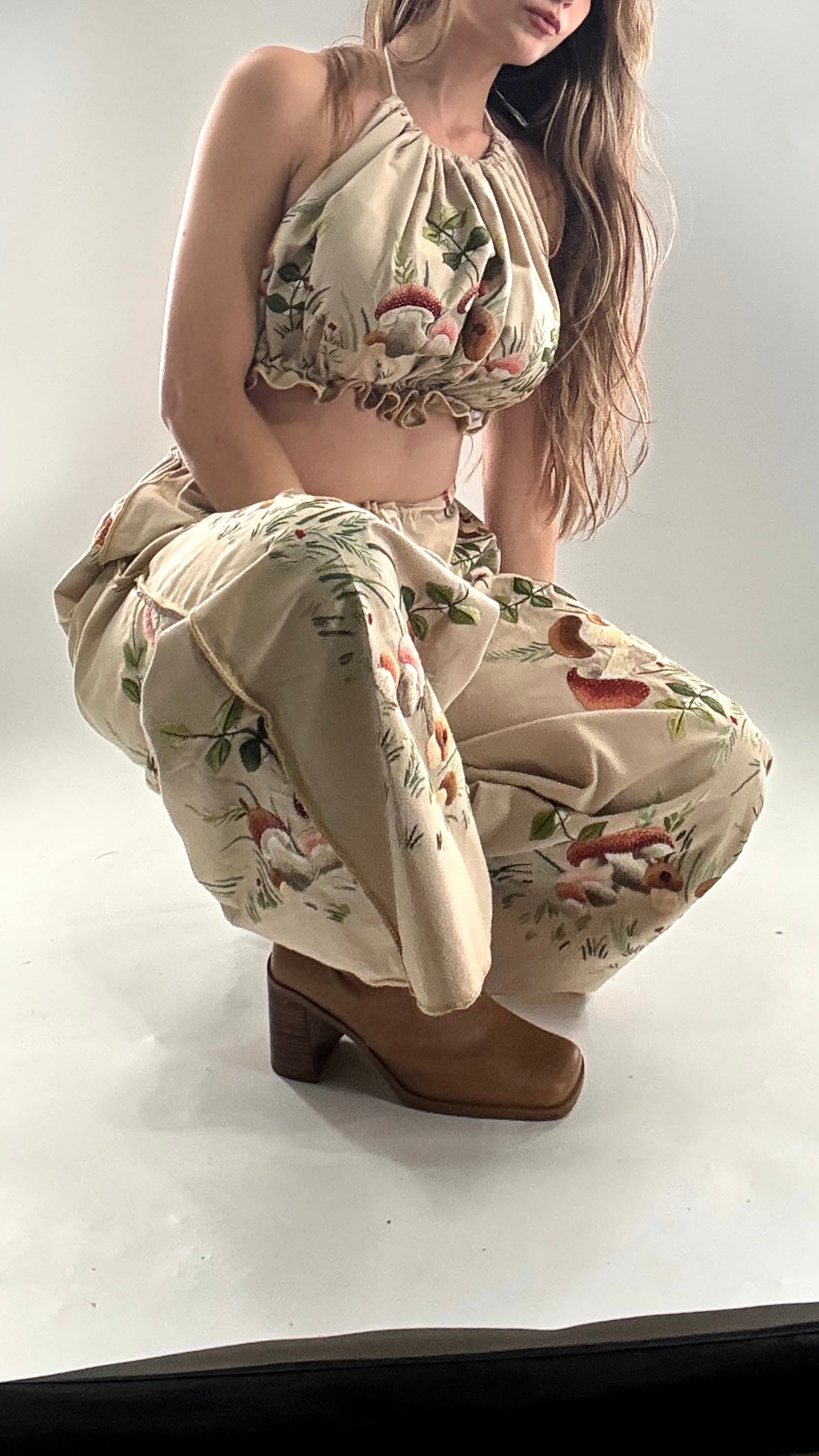 Vintage Custom Handmade and Hand Embroidered Two Piece Set with Mushrooms, Vines, and Ladybugs (XS-L)