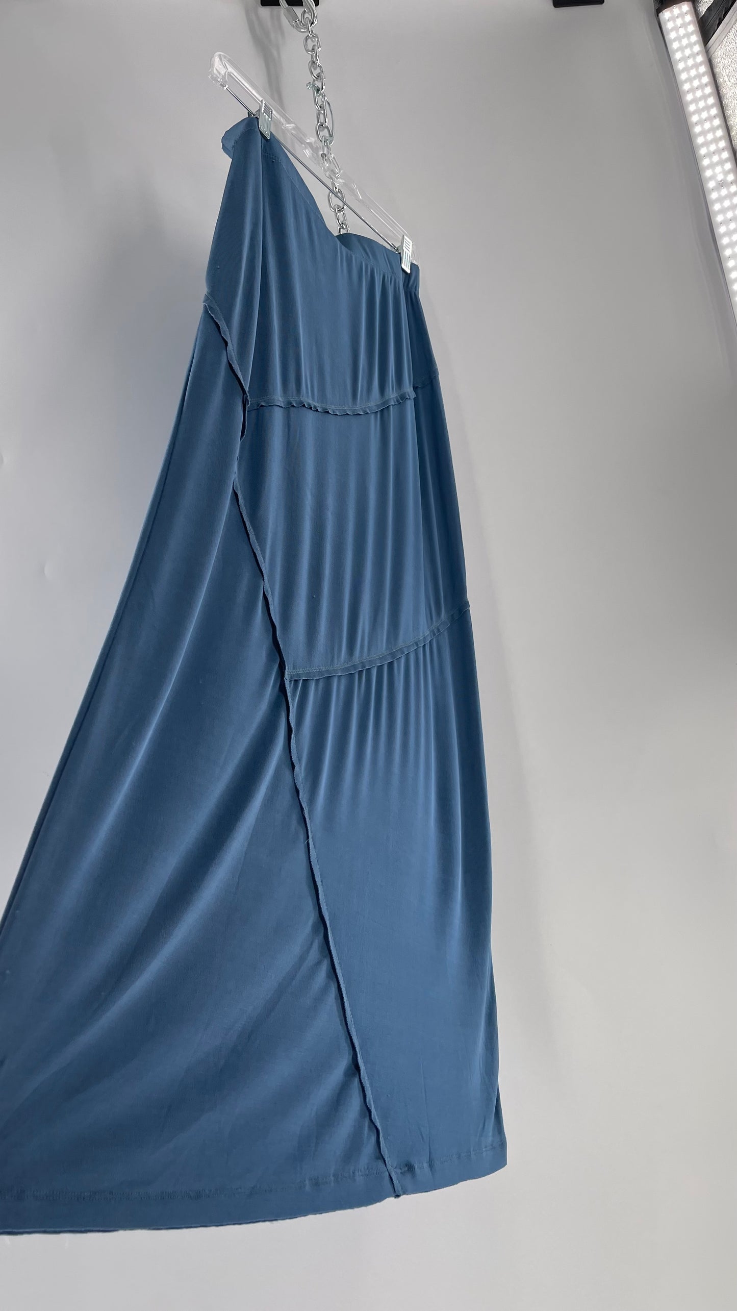Free People Slinky Blue Long Skirt with Abstract Seam Stitching (Medium)
