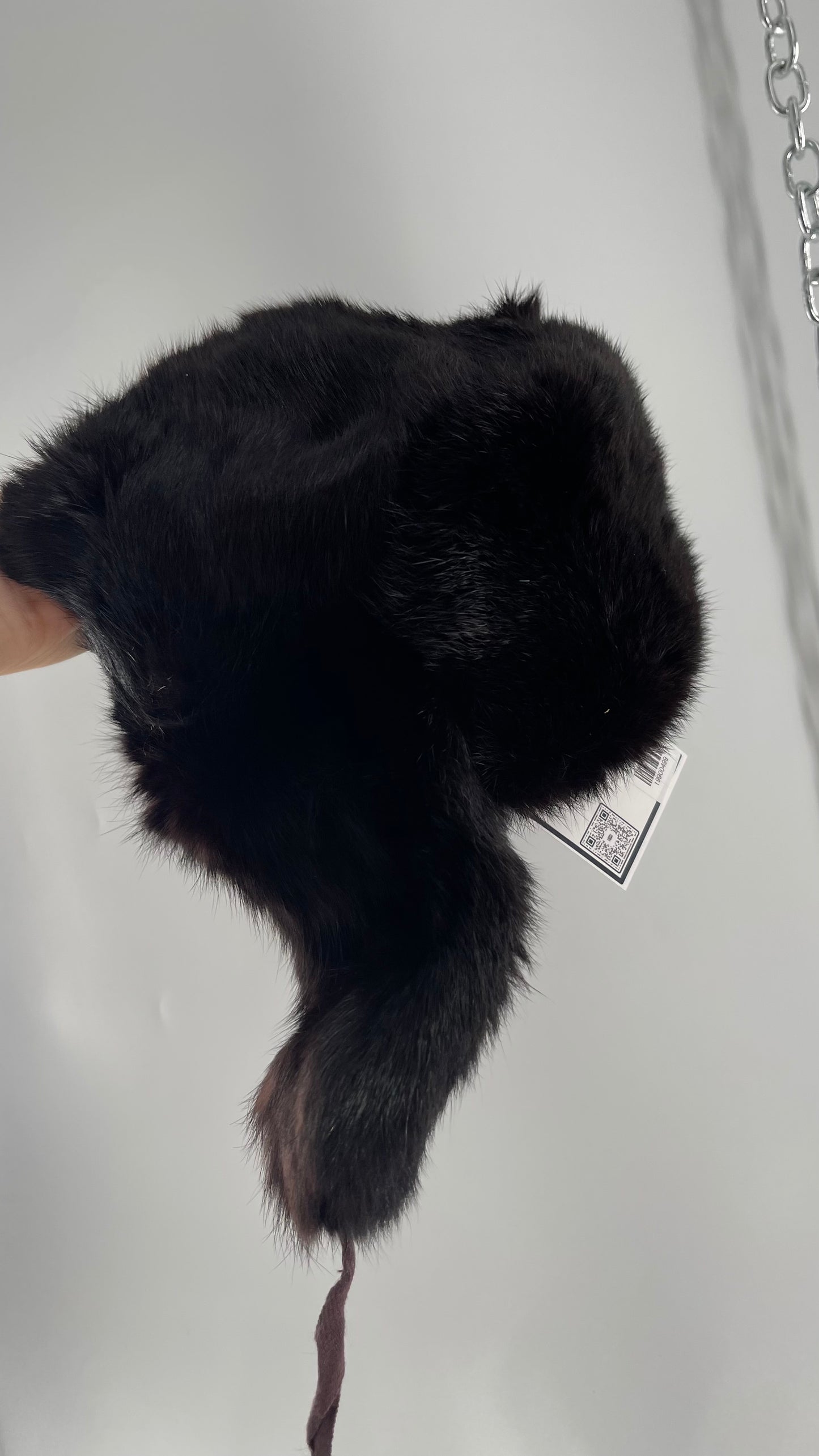 Vintage Russian Black Genuine Rabbit Fur Roller Hat with Pull Down Ear Muff Flaps