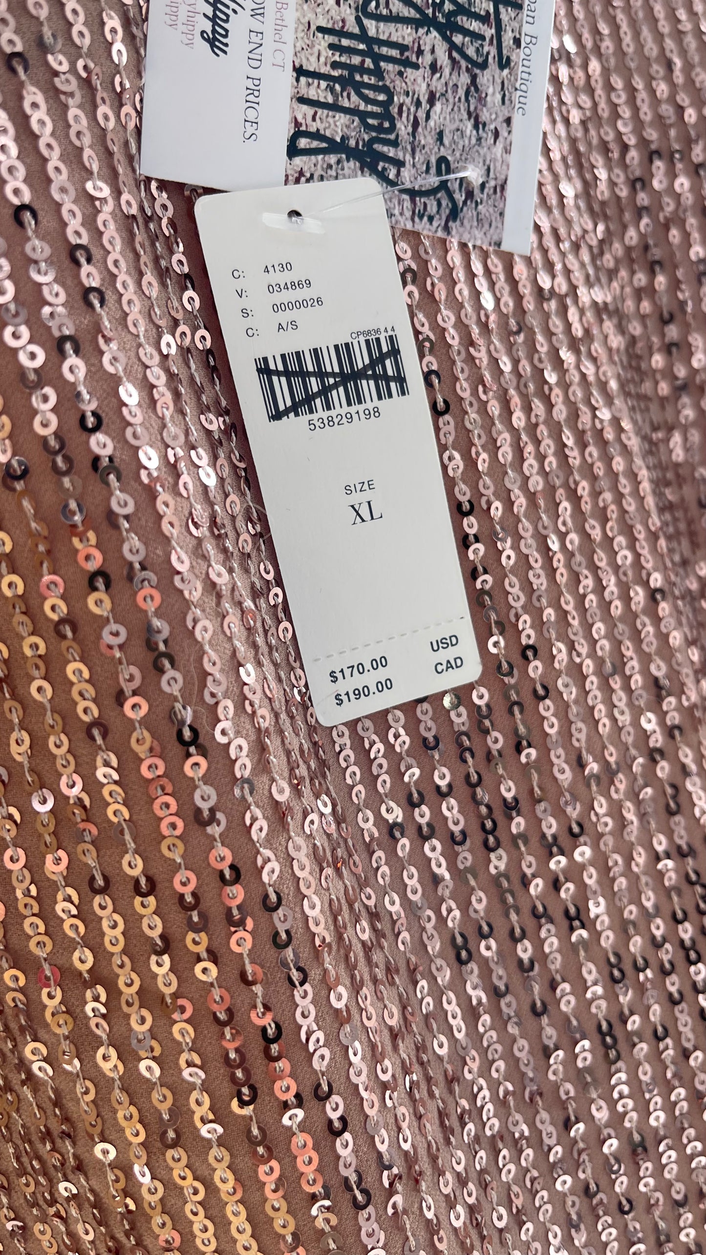 Anthropologie Rose Gold Sequin Dress with Velvet Waist Belt and Tags Attached (XL)