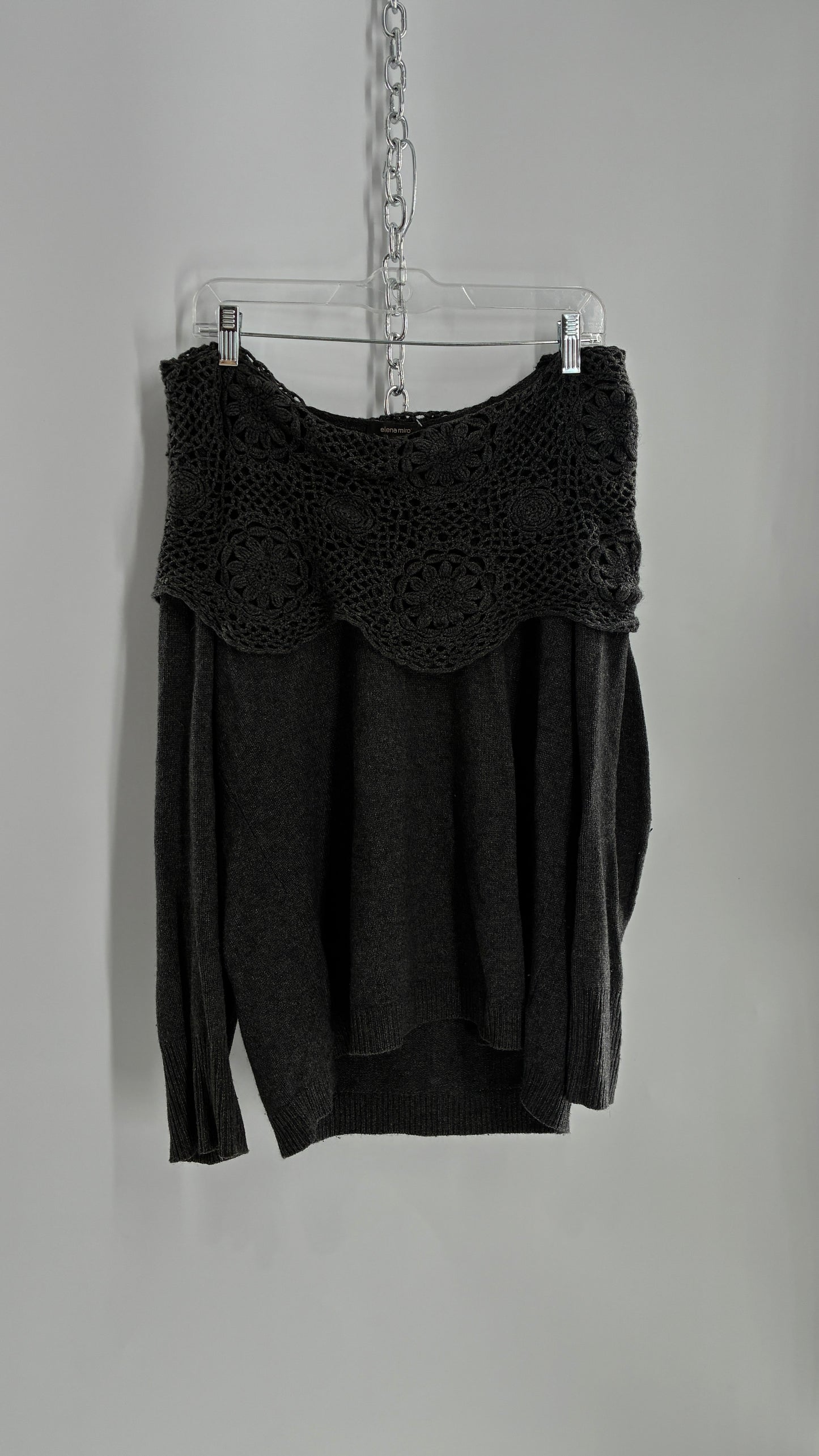 Vintage ELENA MIRO 29% Virgin Wool 8% Angora Wool 8% Cashmere Grey Off the Shoulder Crochet Band Sweater (Medium)