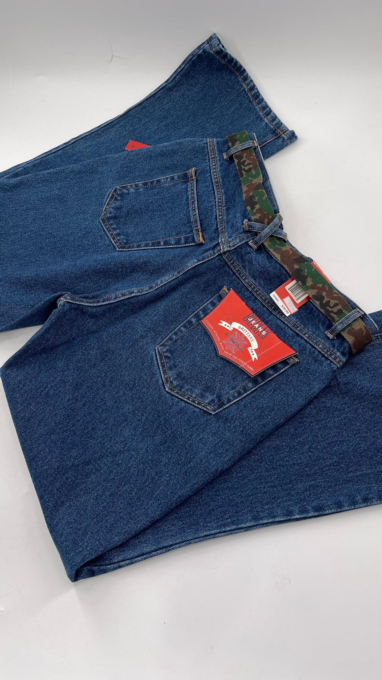 Deadstock Vintage Bill Blass Blue Jean with Camo Belt and Rhinestone Encrusted Buckle  (12P)