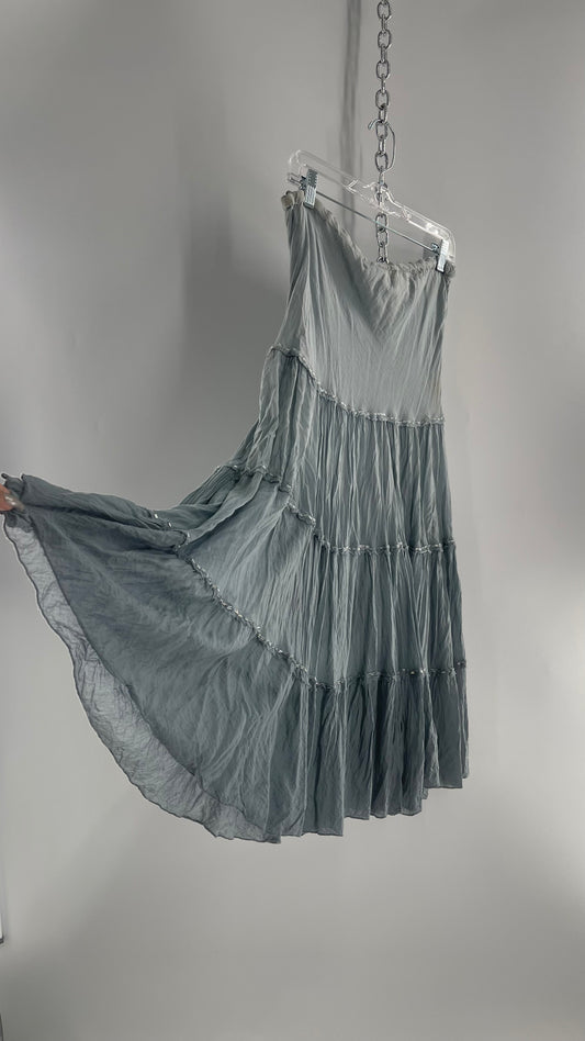 Vintage 100% Cotton Tiered Grey Blue Skirt with Beading (One Size)
