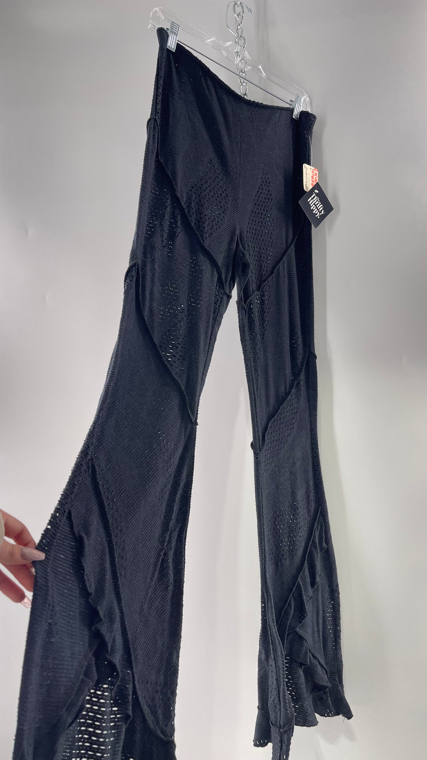 Free People Black Midnight Grey Mixed Pattern Kickflares with High Low Hem, Exposed Seams and Distressing Tags Attached (Medium)