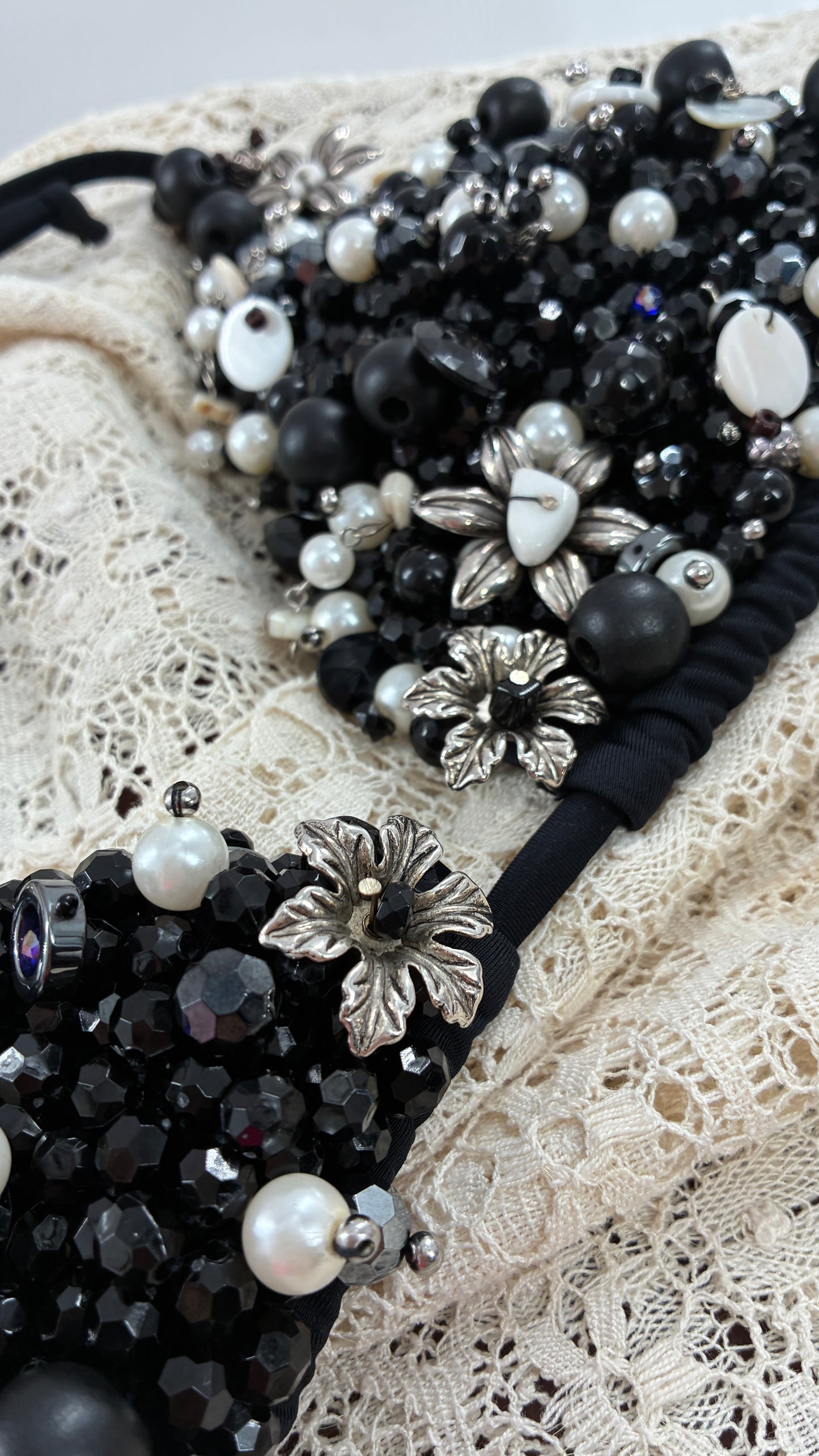 CUSTOM 1/1 Black Swimsuit Covered in Hand Placed and Sewn Beads, Charms, and Gems (MEDIUM)
