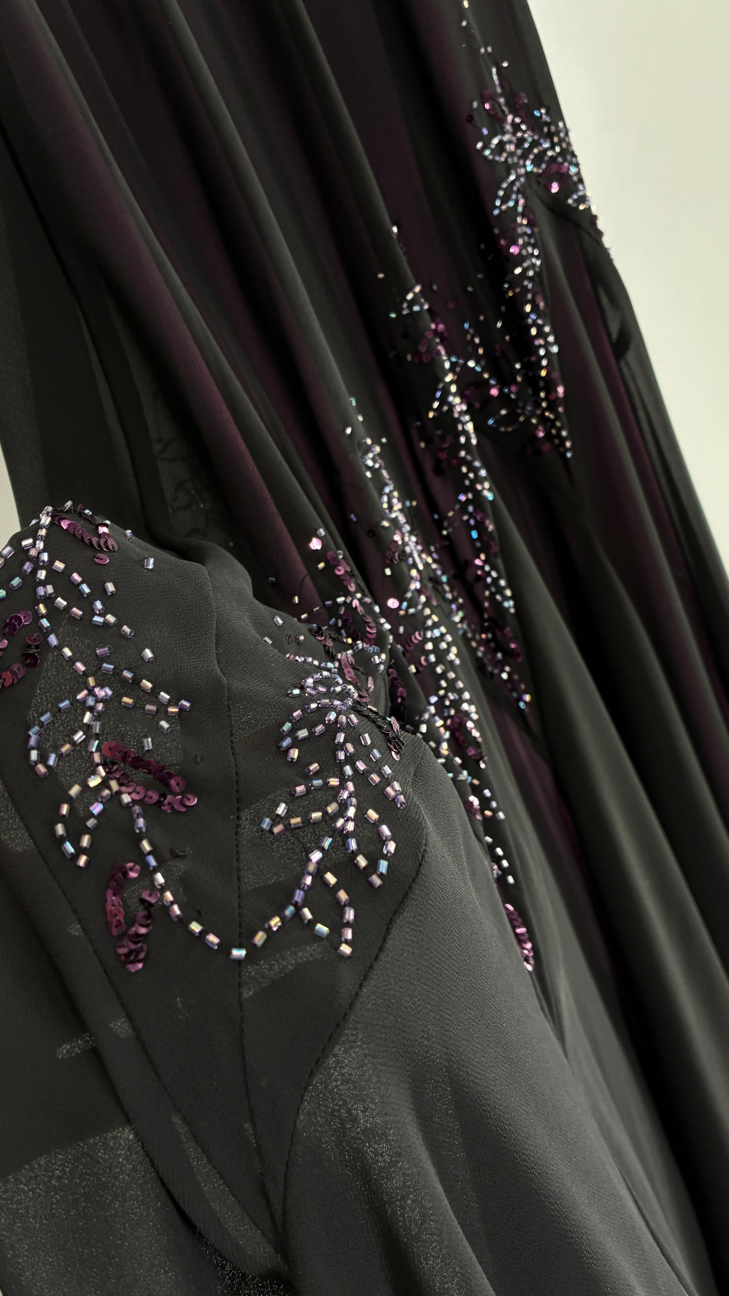 Vintage XSCAPE Full Length Black Beaded Gown with Purple Underlay (4)