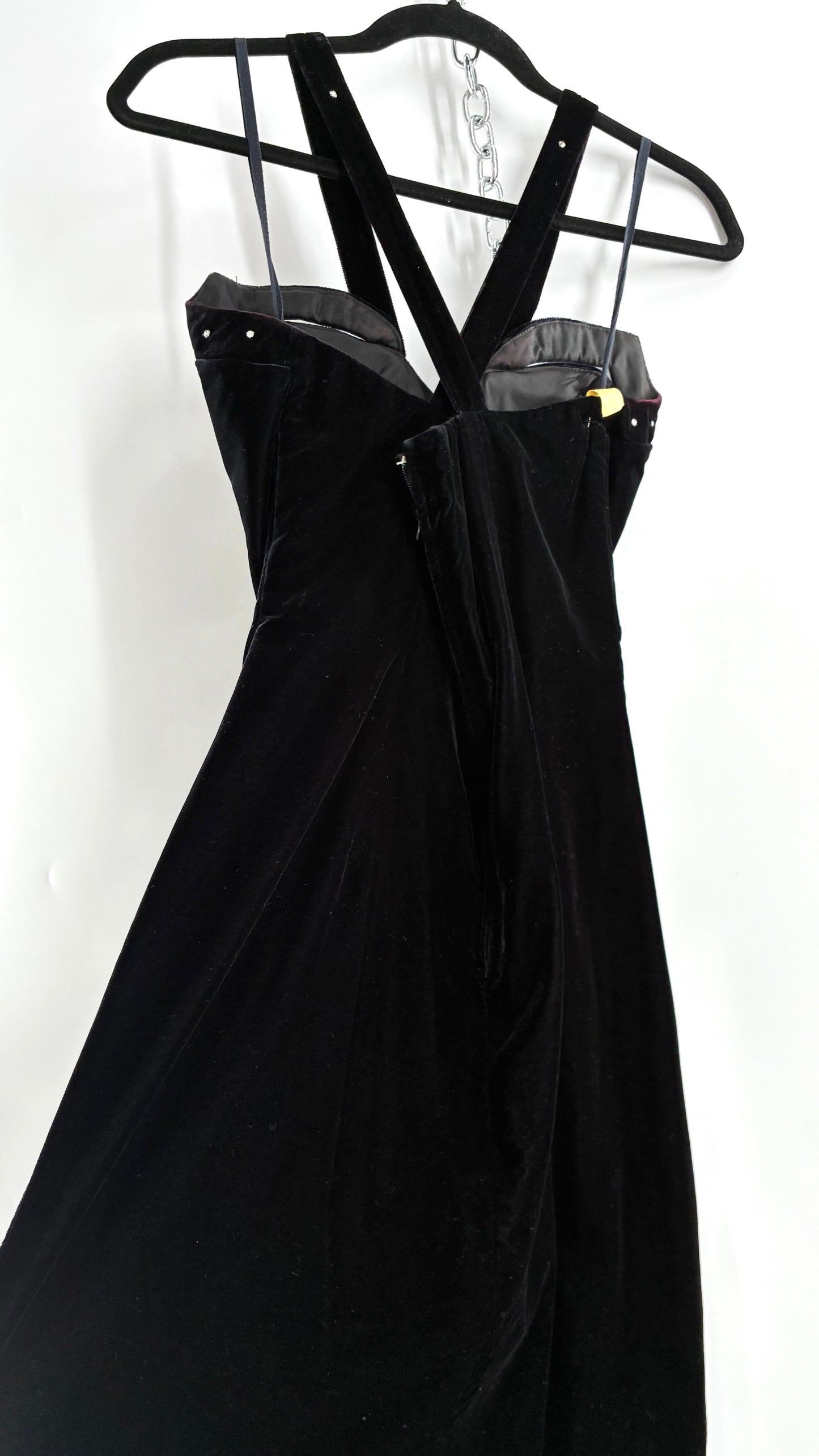 Vintage Handmade Velvet Gown with Pointed Bust Lined in Rhinestones and Dramatic Side Slit (S/M)