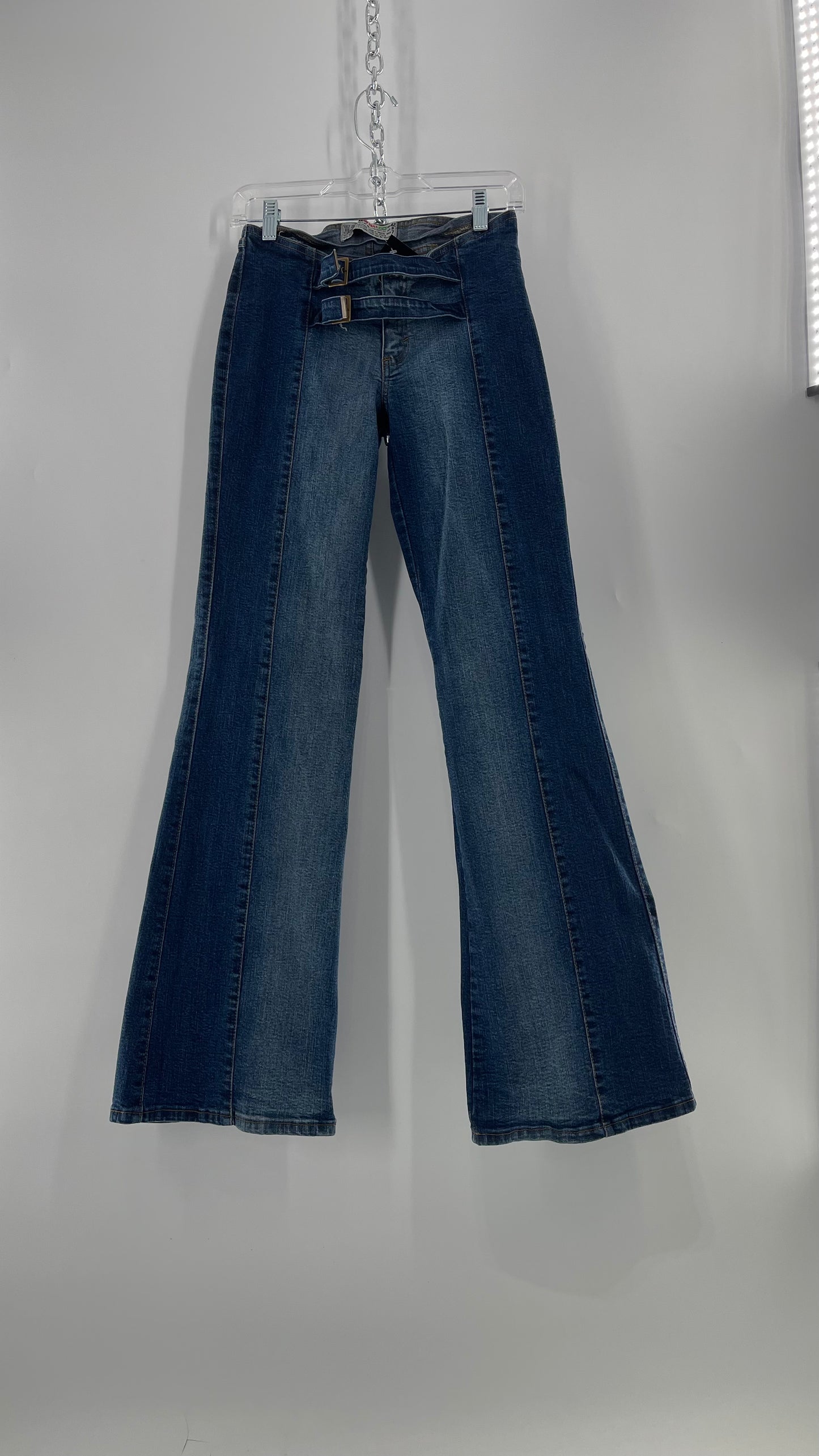 Vintage NewMax Two Toned Paneled Brazilian Jeans with Buckle Jean Strap Closure and Flared Hem (8)