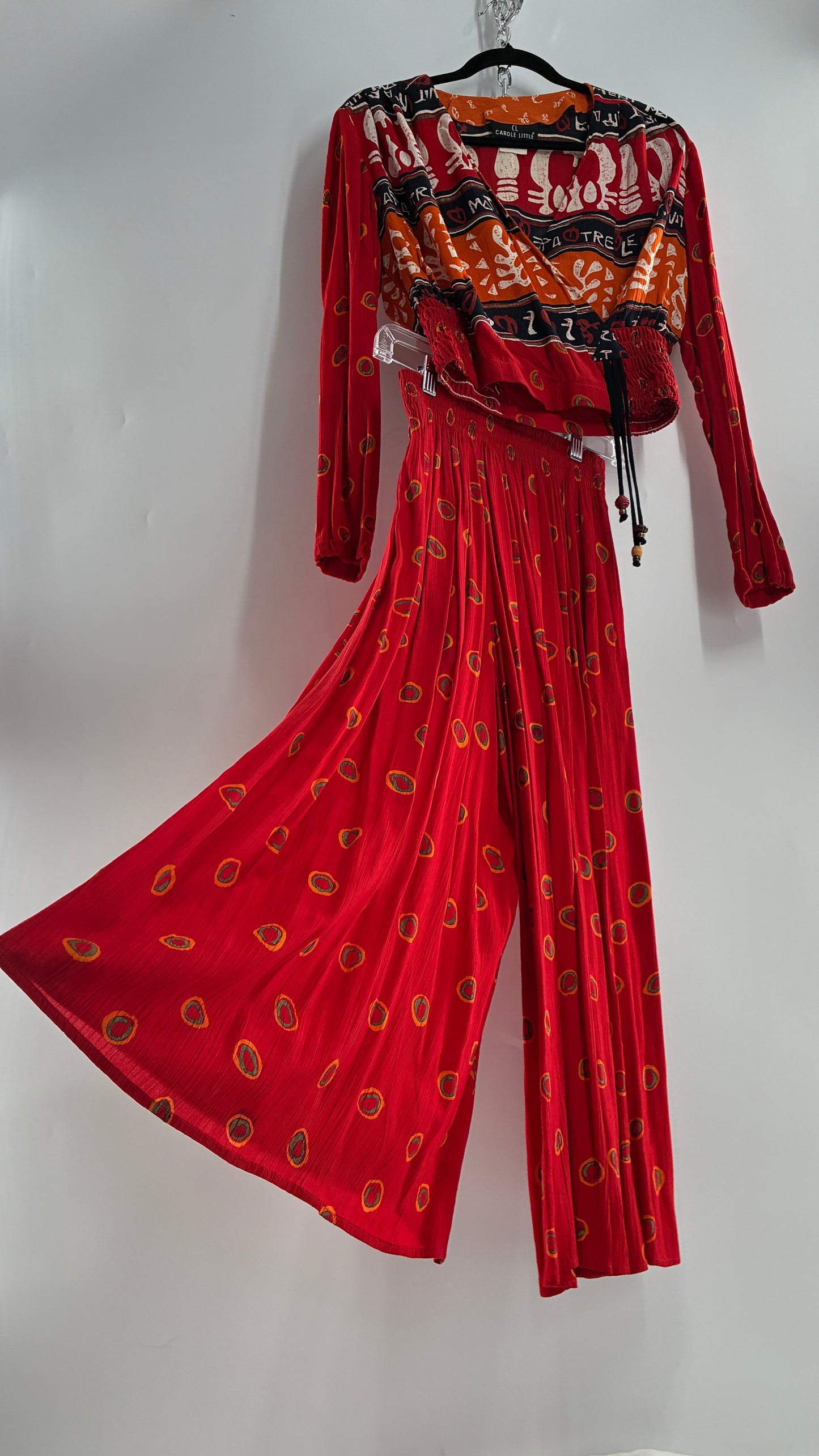 Vintage CAROLE LITTLE Red 3pc Set, Cropped Blouse, Haram Pant and Skirt (Pants 4, Skirt 10, Top S)