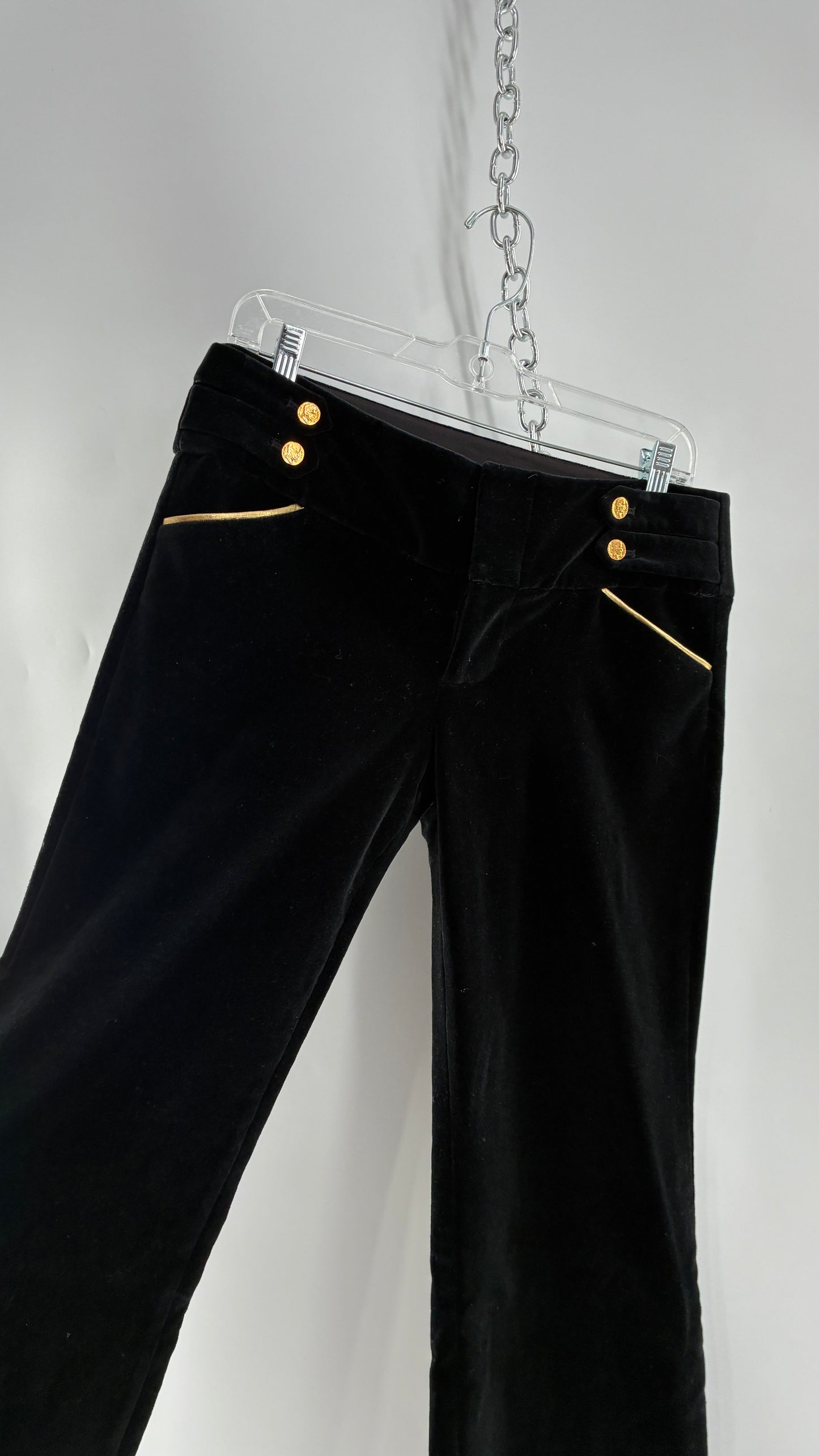 Vintage Alice + Olivia Thick Black Velour Low Rise Kickflare Pants with Thick Waistband with Gold Coin Detailing (6)