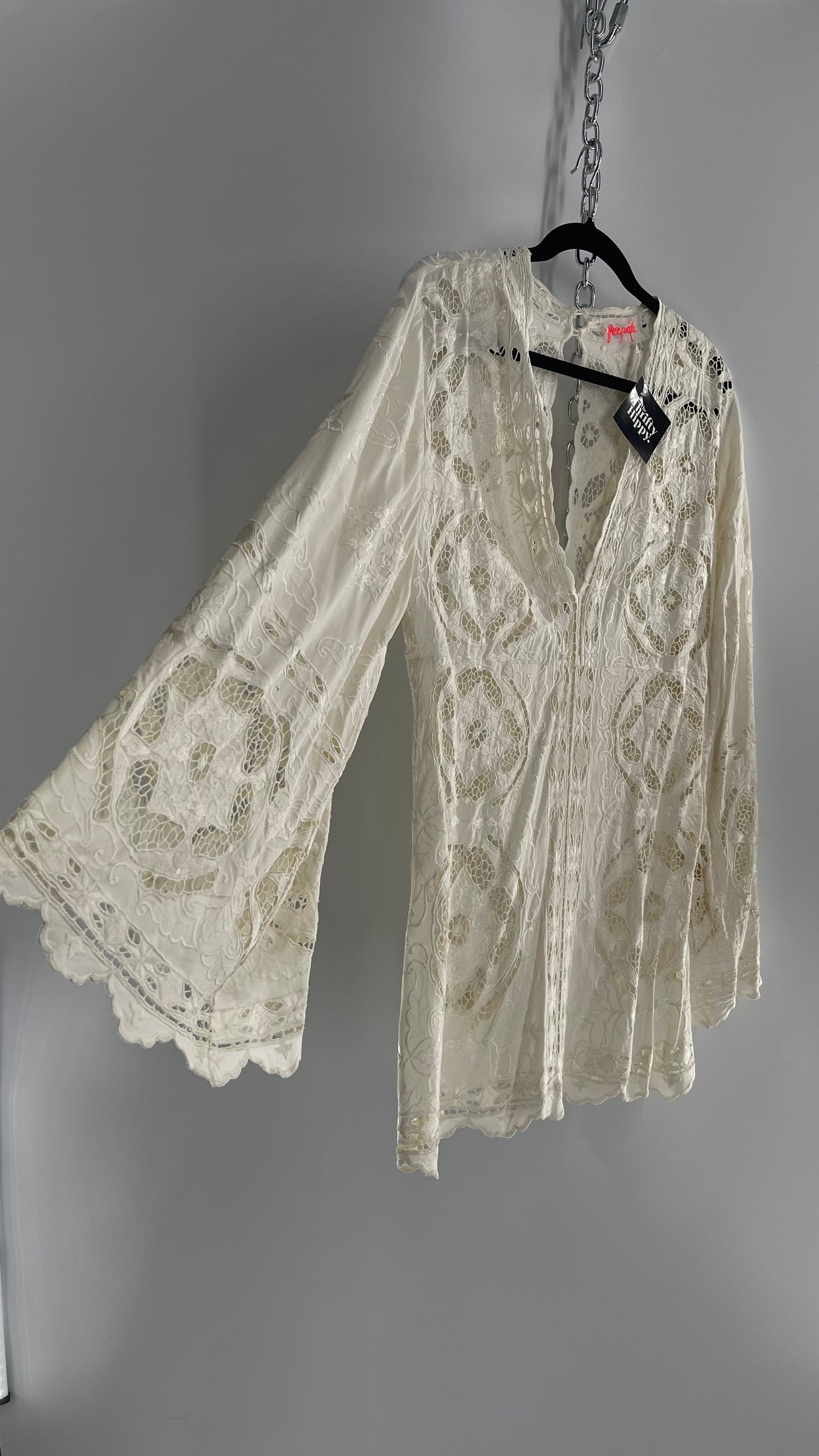 Free People Cream Lace Mini Dress (Small)