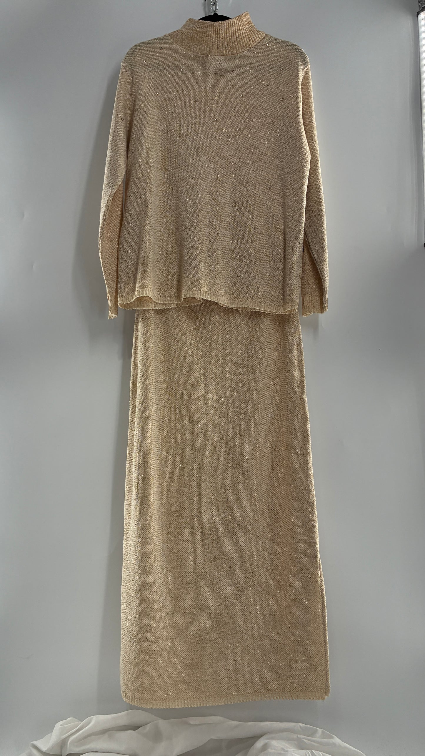 Terry Lewis Classic Luxeries Beige Knit Sweater and Skirt with Gold Tinsel Thread and Rhinestone Collar (Large)