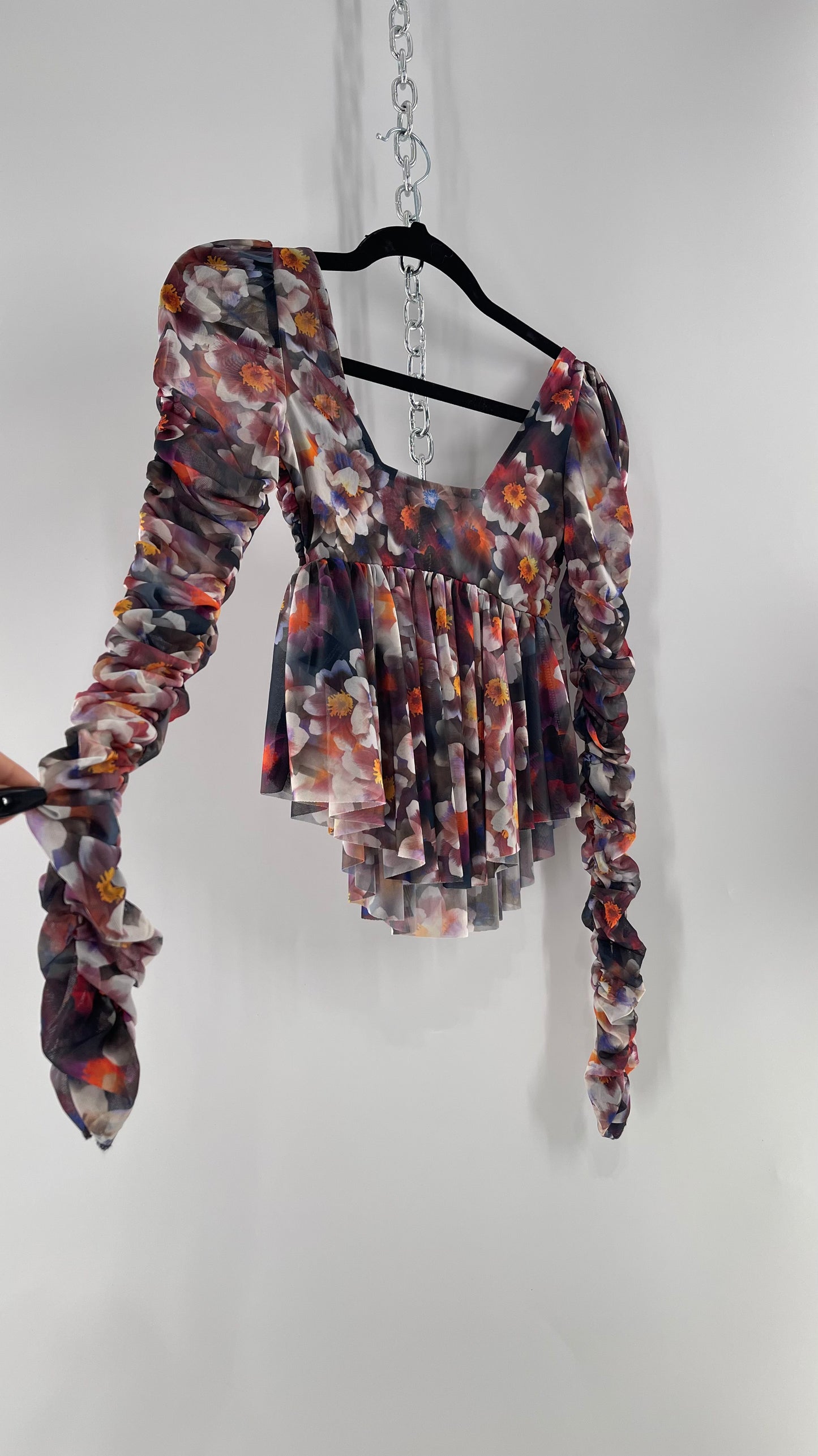 Urban Outfitters Psychedelic Floral Mesh Cropped Blouse with Ruched Sleeves and Pleated Hem (XS)