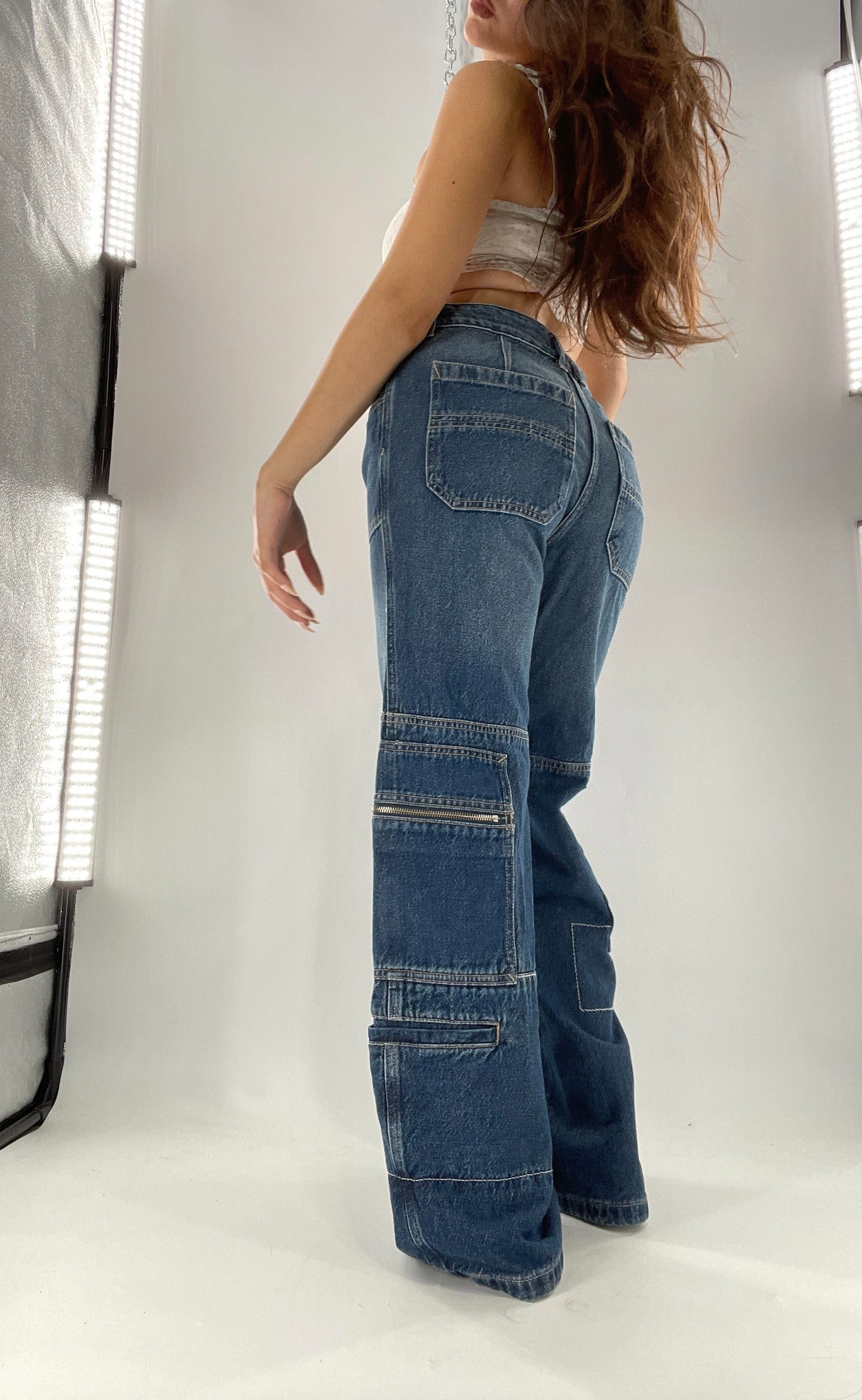 Free People Medium Wash Baggy Straight Legs Jeans Covered in Zippers, Pockets, Stitching (28)